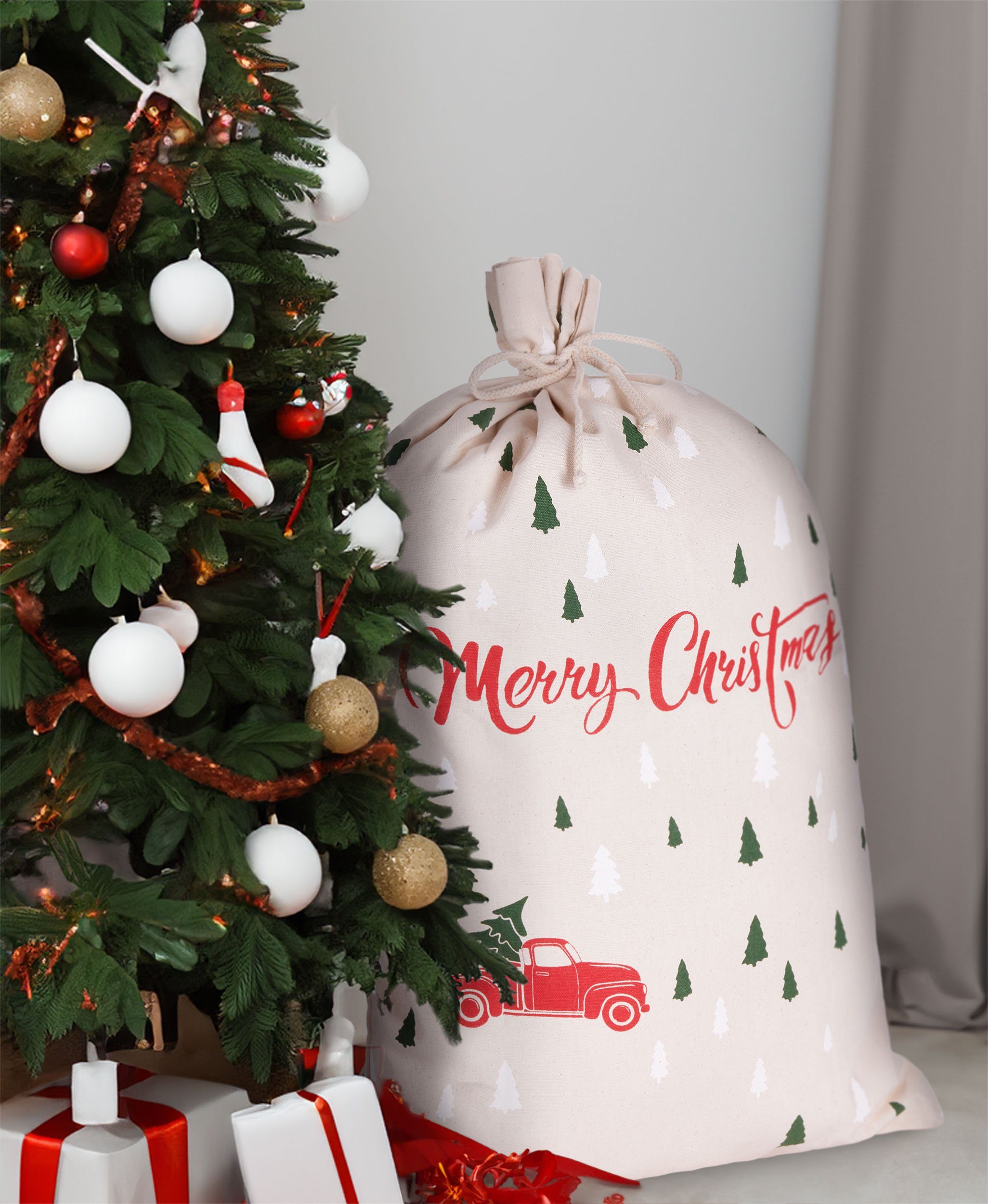 BRUBAKER Aufbewahrungstasche 3er Set Weihnachtssack - 80 cm Geschenksack (Weihnachtsdekoration Sack aus Jute und Baumwolle, 3-tlg., Weihnachtliche Motive), Nikolausbeutel zum Befüllen und Verpacken von Geschenken