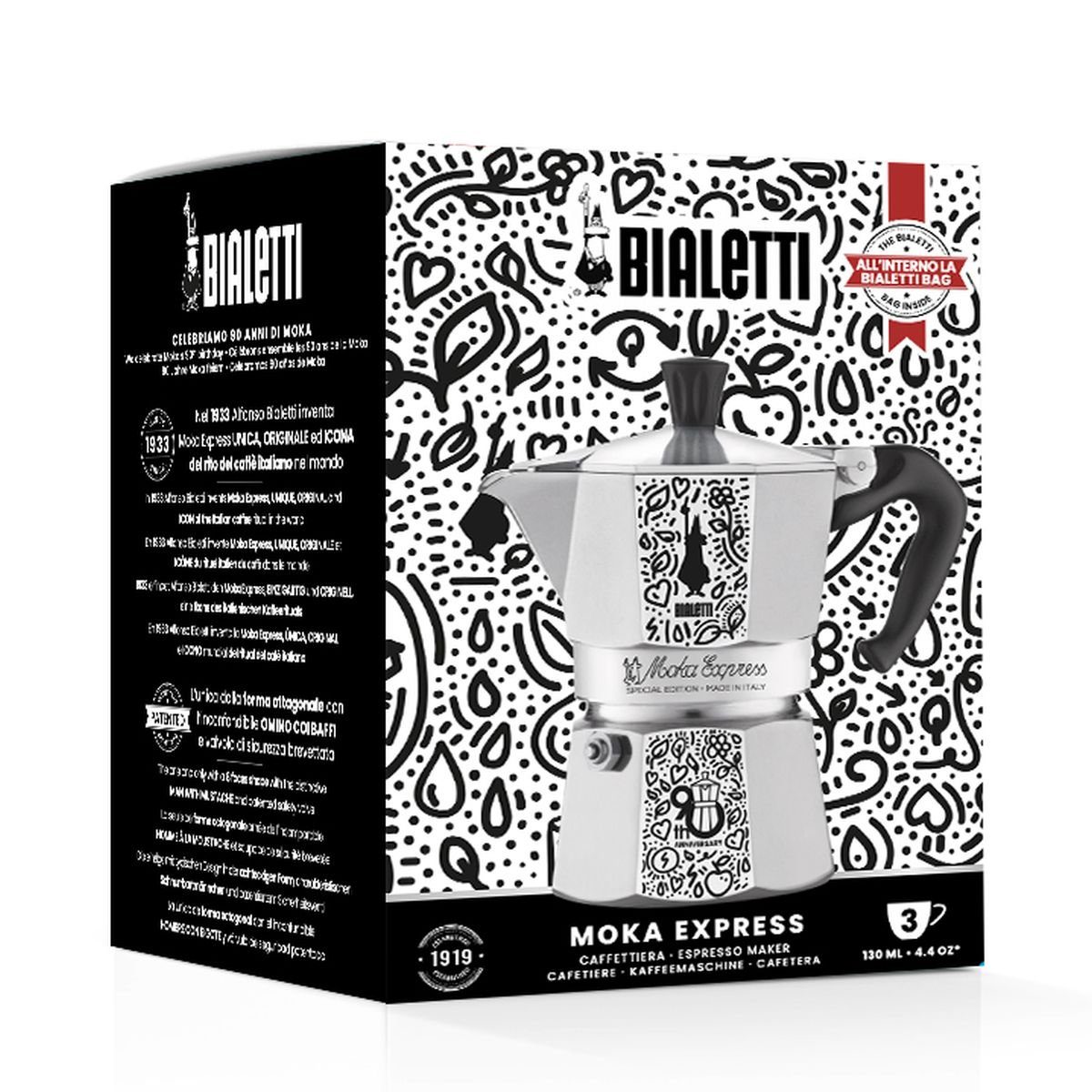 BIALETTI Espressokocher Moka Express 90th Anniversary für 3 Tassen mit Mini-Rucksack, 0,13l Kaffeekanne
