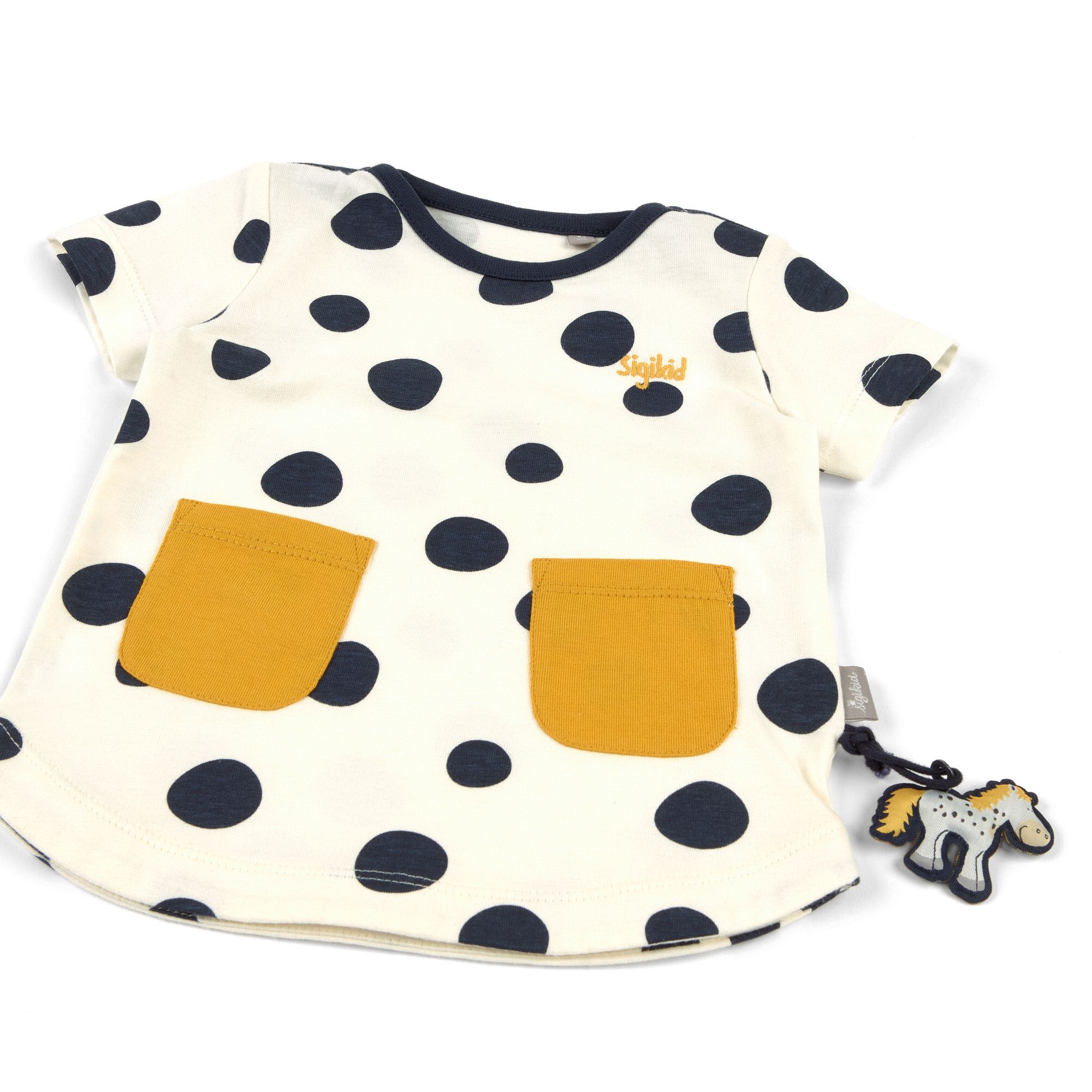 Baby Kurzarm Longshirt, weiß mit dunkelblauen Punkten