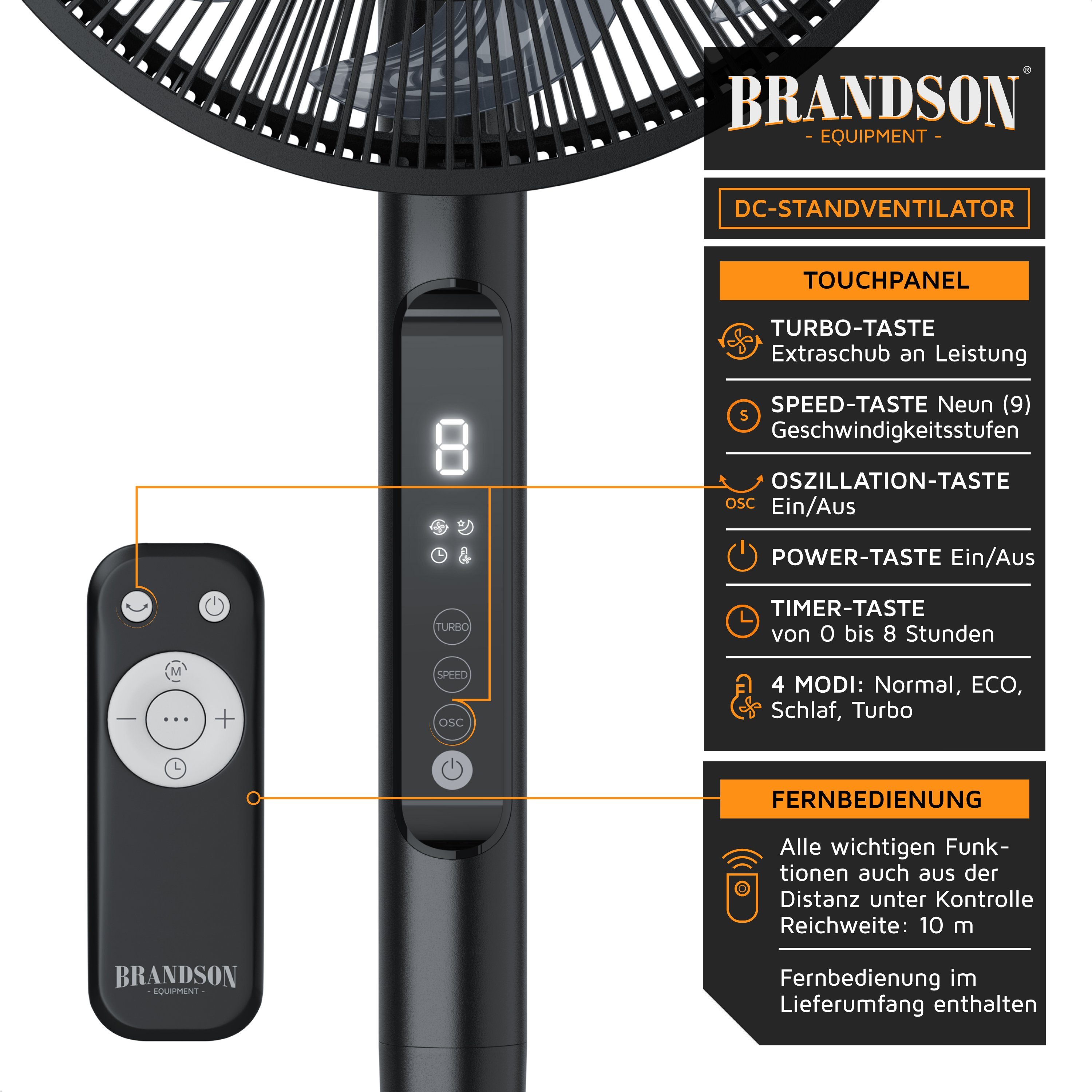 Brandson Standventilator, 40 cm Durchmesser, DC, leise, energiesparend, Oszillation, Timer, 9 Stufen, Fernbedienung