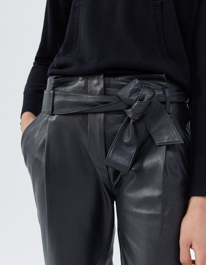 Pantalon noir taille haute en cuir d'agneau femme
