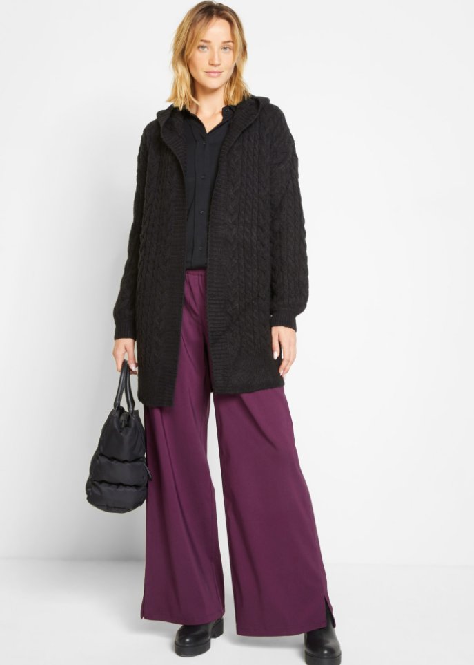 Strickjacke mit Zopfmuster und Kapuze