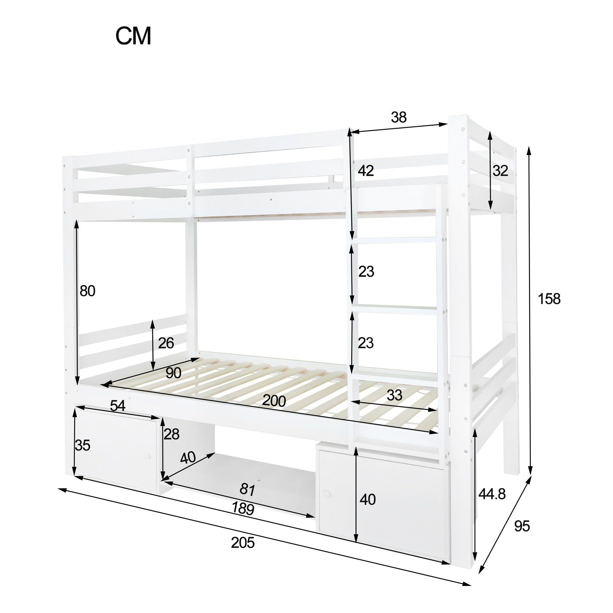 OKWISH Etagenbett Holzbett Tagesbett (Kinderbett mit Schuhregale und Schließfächer, Bett aufgeteilt in 2 Einzelbetten, Jugendbett, Einzelbett 90x200cm), ohne Matratze