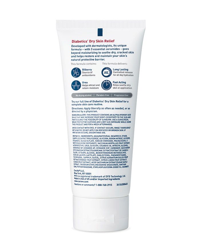Crème hydratante pour les mains et les pieds des personnes diabétiques souffrant de sécheresse cutanée.