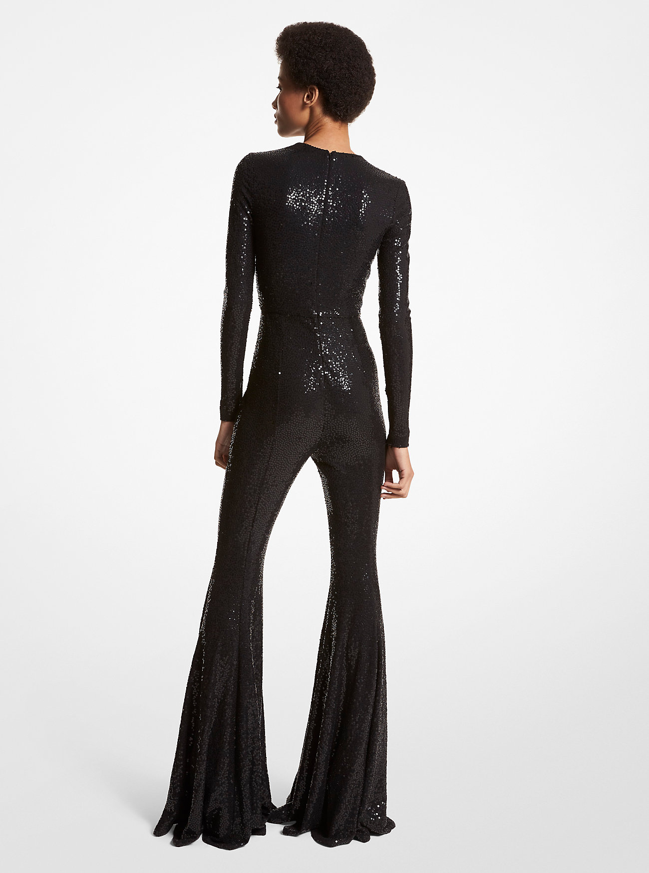 Håndbrodert paljett-stretchjersey-jumpsuit med utsving - SVART