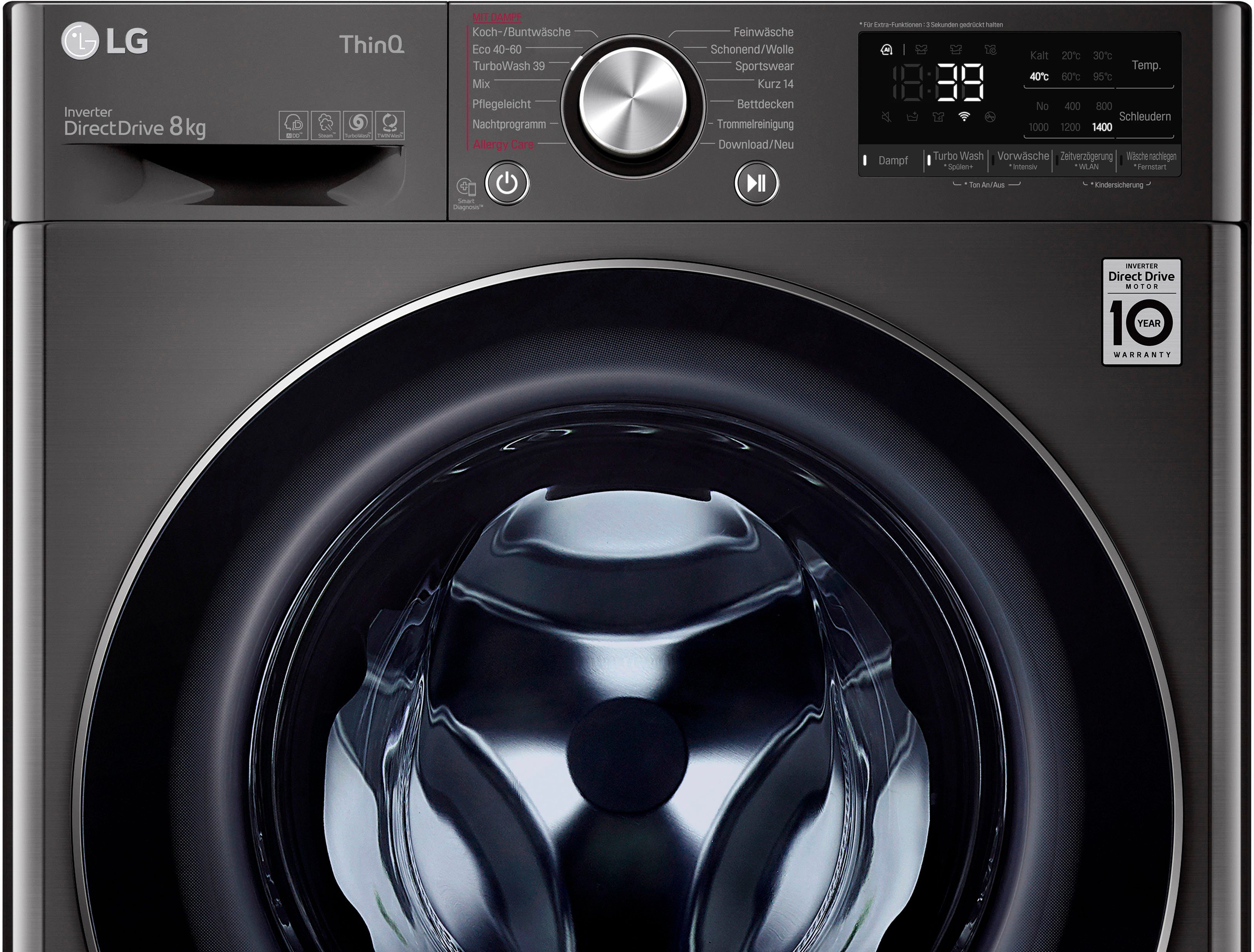 LG Waschmaschine F4WV708P2BA, 8 kg, 1400 U/min, TurboWash® - Waschen in nur 39 Minuten