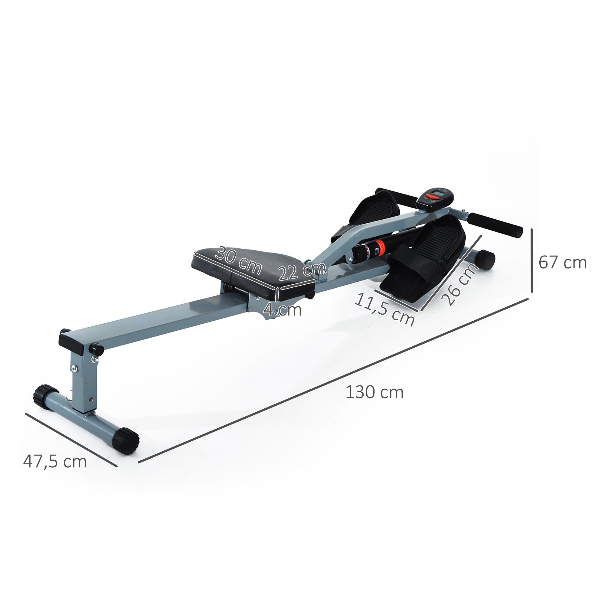 HOMCOM Rudergerät Rudermaschine Fitnessgerät Heimtrainer, Stahl+PVC, Grau (Set, 1-tlg., mit LCD Display), 130L x 47.5B x 67H cm