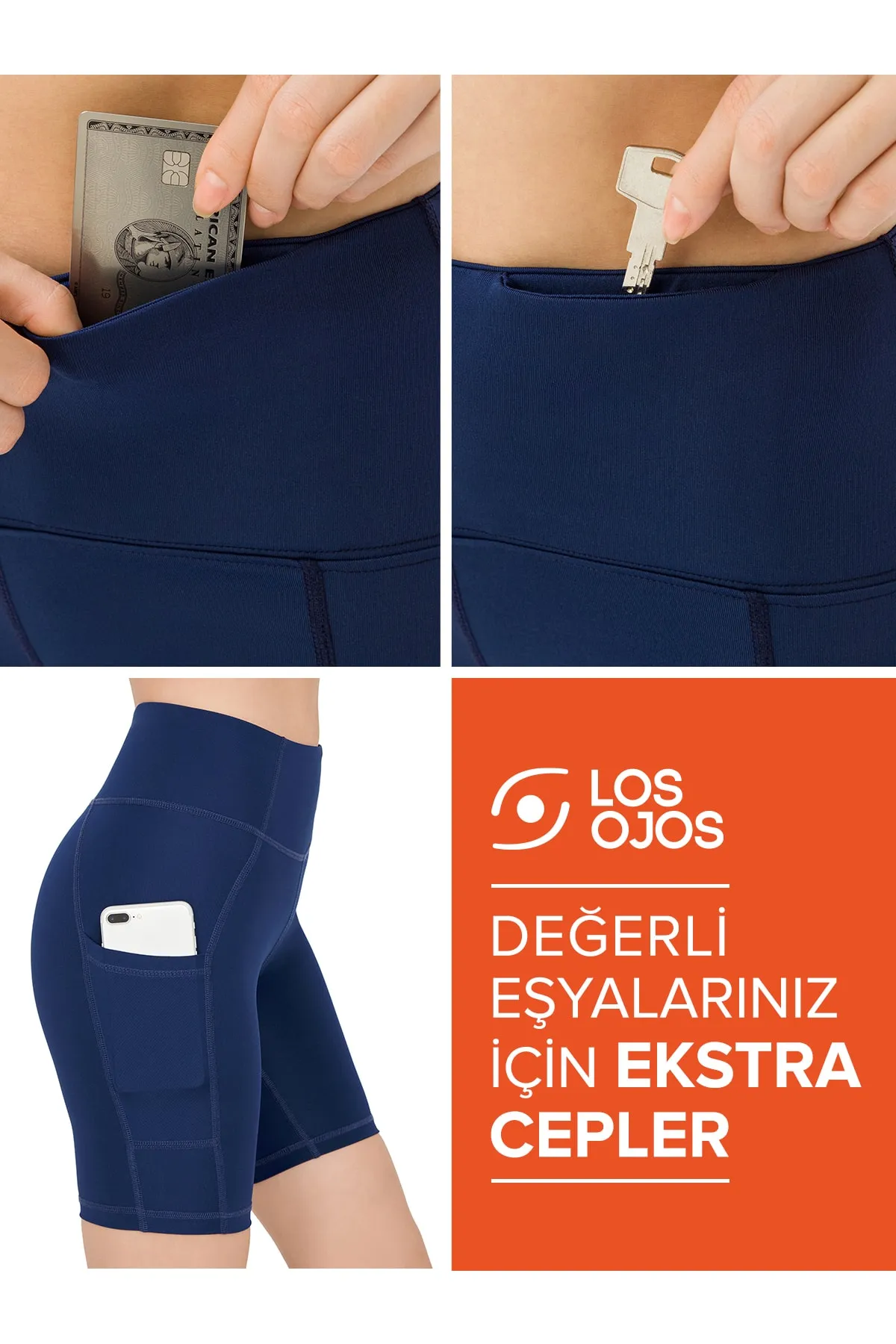 LOS OJOS  Marineblaue, glättende Biker-Shorts mit doppelter Tasche und kurzer Sportstrumpfhose mit hoher Taille für Damen