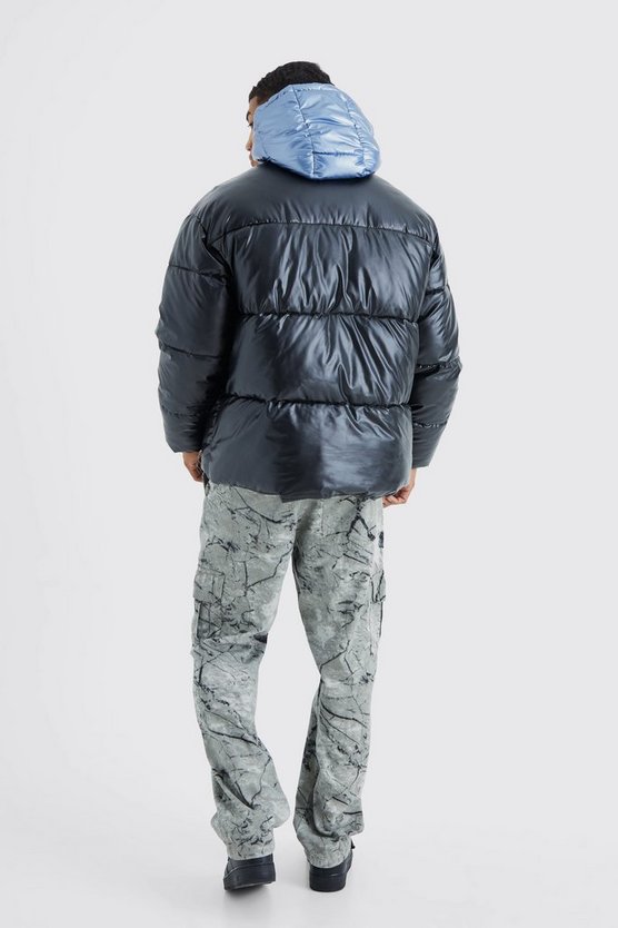 Doppellagige Metallic Steppjacke mit Kapuze