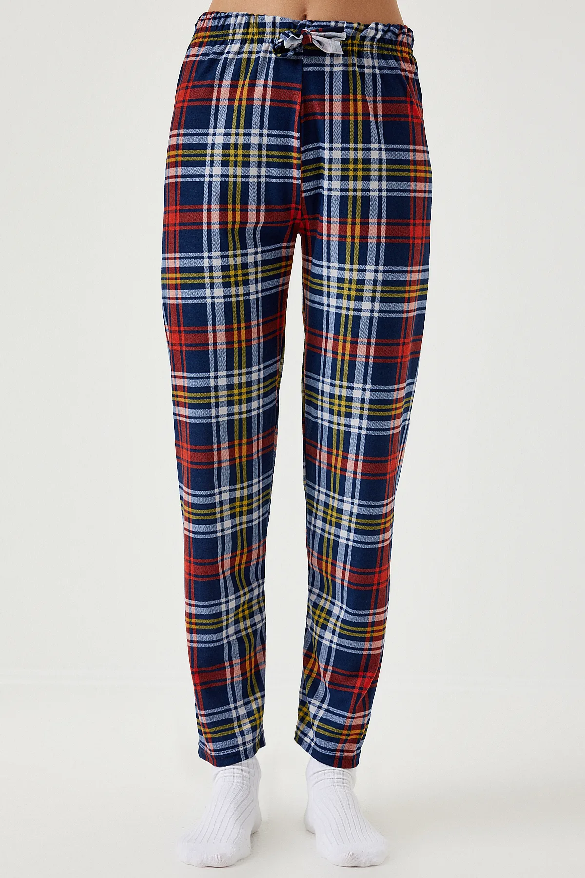 Happiness İstanbul  Marineblaue Pyjamahose aus weichem Strick mit Muster für Damen CE00089