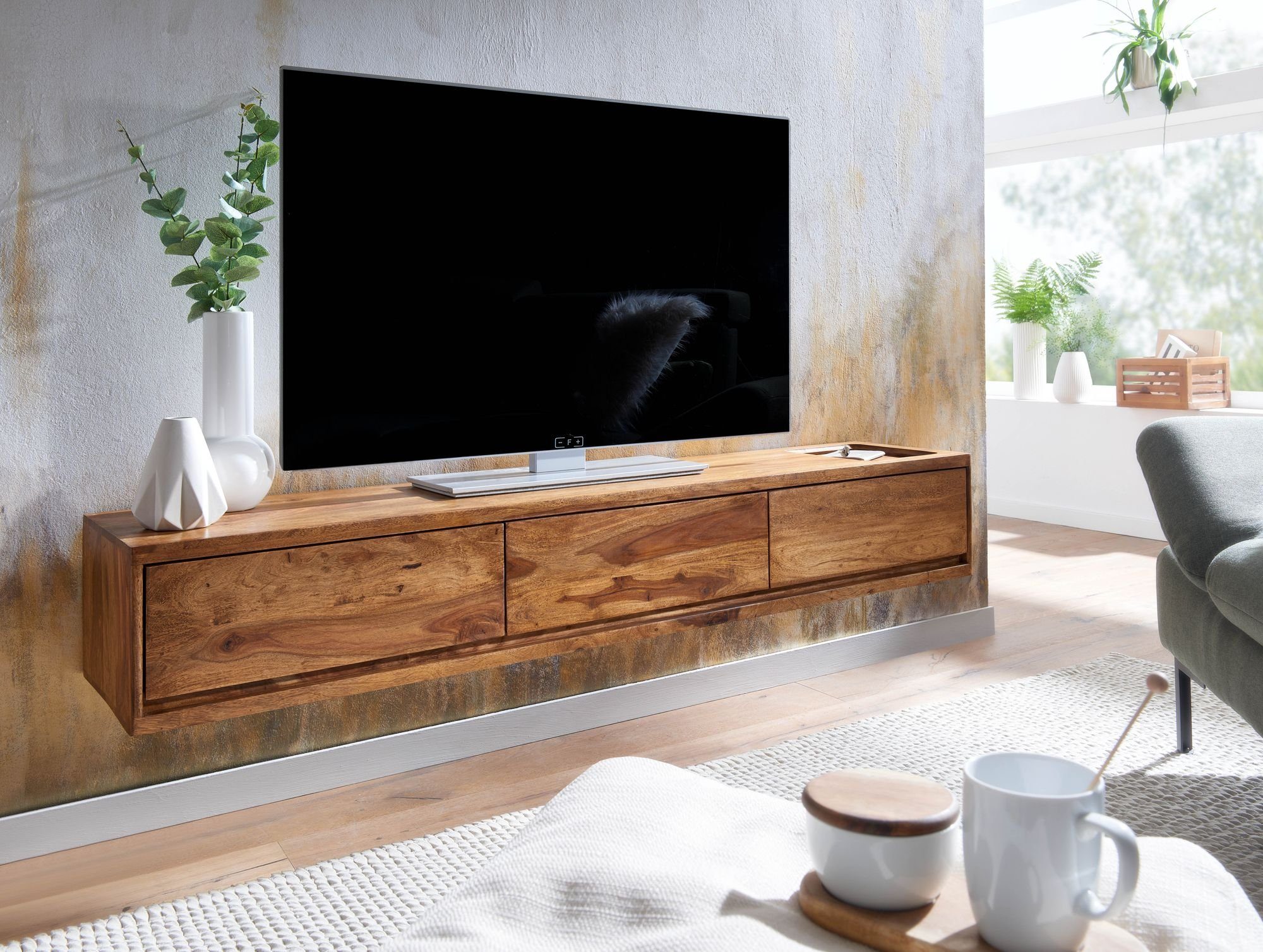 FINEBUY Lowboard FB79710 (TV-Board Hängend Sheesham Massivholz 160x25x35 cm), TV-Schrank mit Stauraum, Fernsehkommode Modern