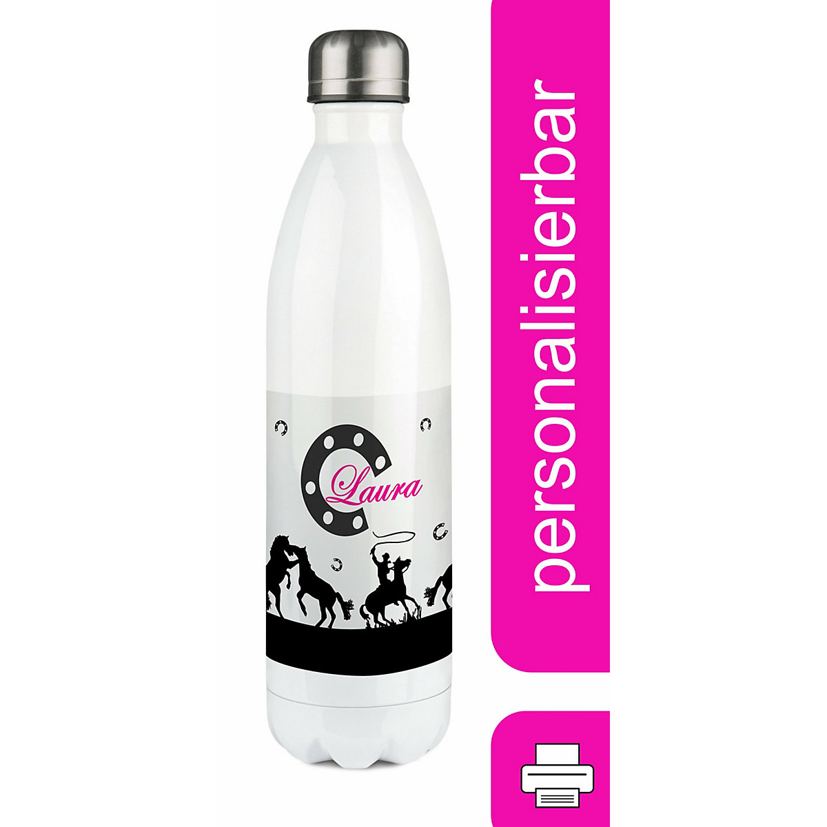 Edelstahl Kinder Thermoflasche / Trinkflasche bunt Pferd-Cowboy schwarz Spülmaschinenfest, Auslaufsicher, Bruchfest, Doppelwandig, Für Heißgetränke geeignet, Mit Deckel, Isoliert