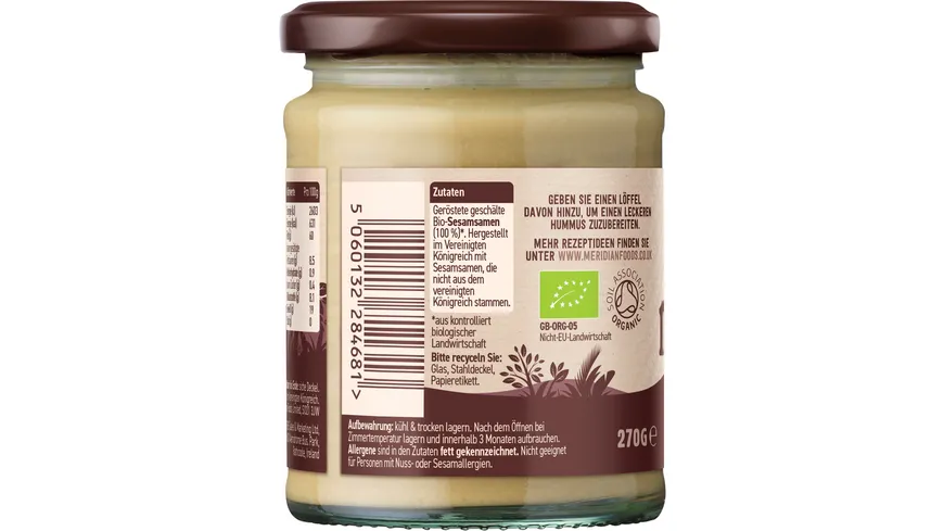 Meridian Bio Weißes Tahin 100 % Sesam Ohne Salz 270 g