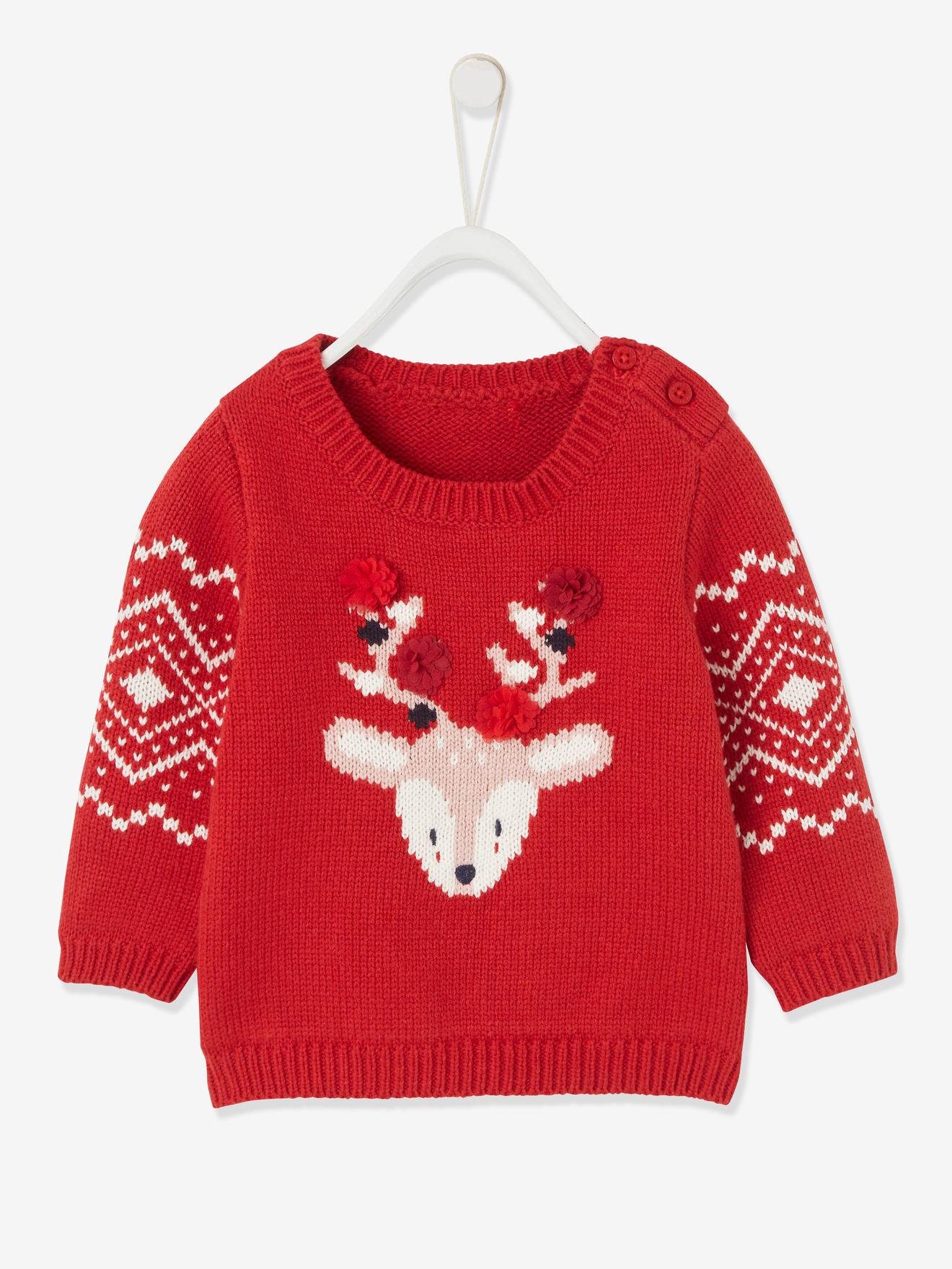 Pull de Noël bébé mixte motif renne rouge brique