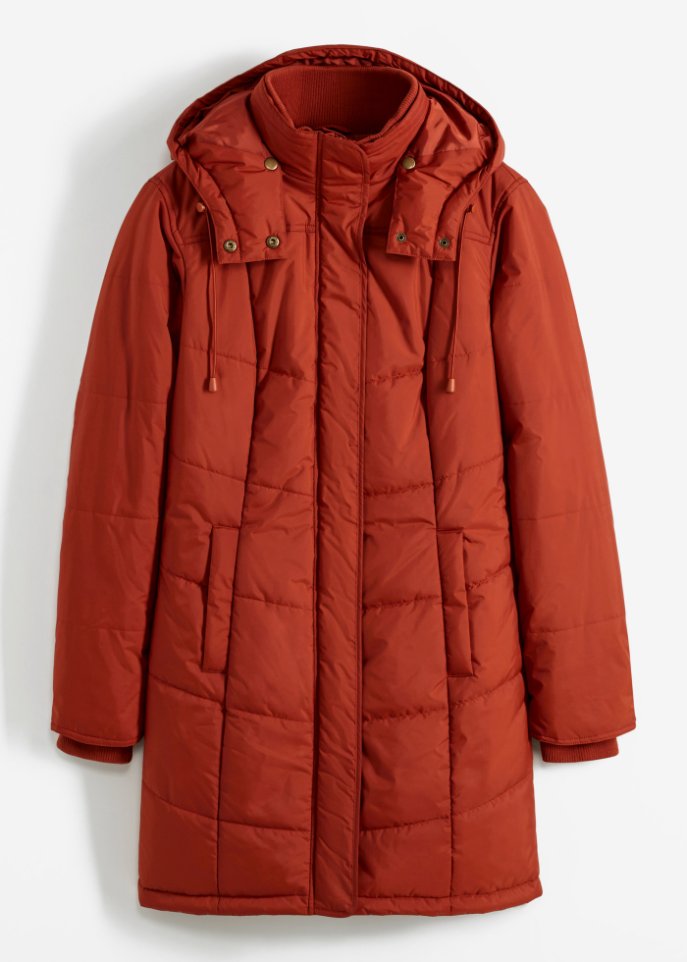 Long-Steppjacke, wattiert mit Kragen und Kapuze