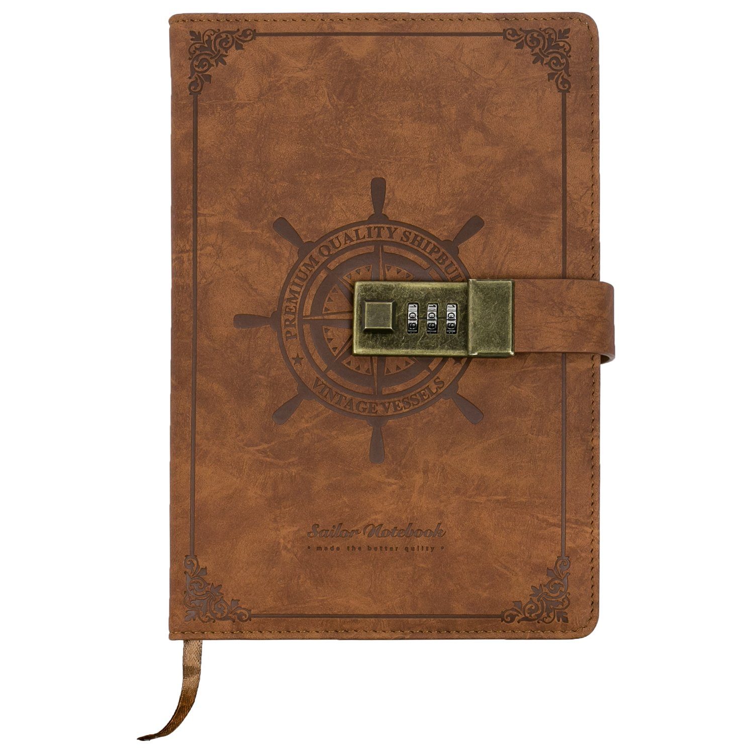 HMF Notizbuch TB1-RUD-A5-19, Tagebuch mit Code Schloss, liniert, Vintage, Kunstleder, A5, Braun