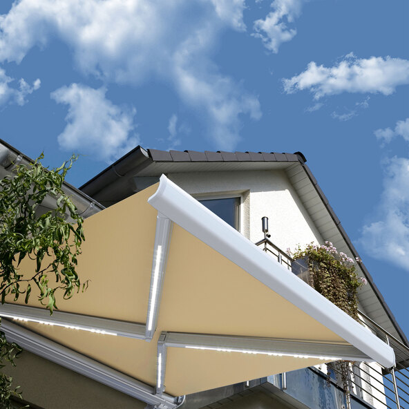 LED-Vollkassettenmarkise ELOS V2 inkl. Windsensor sandfarben, 350 x 250 cm