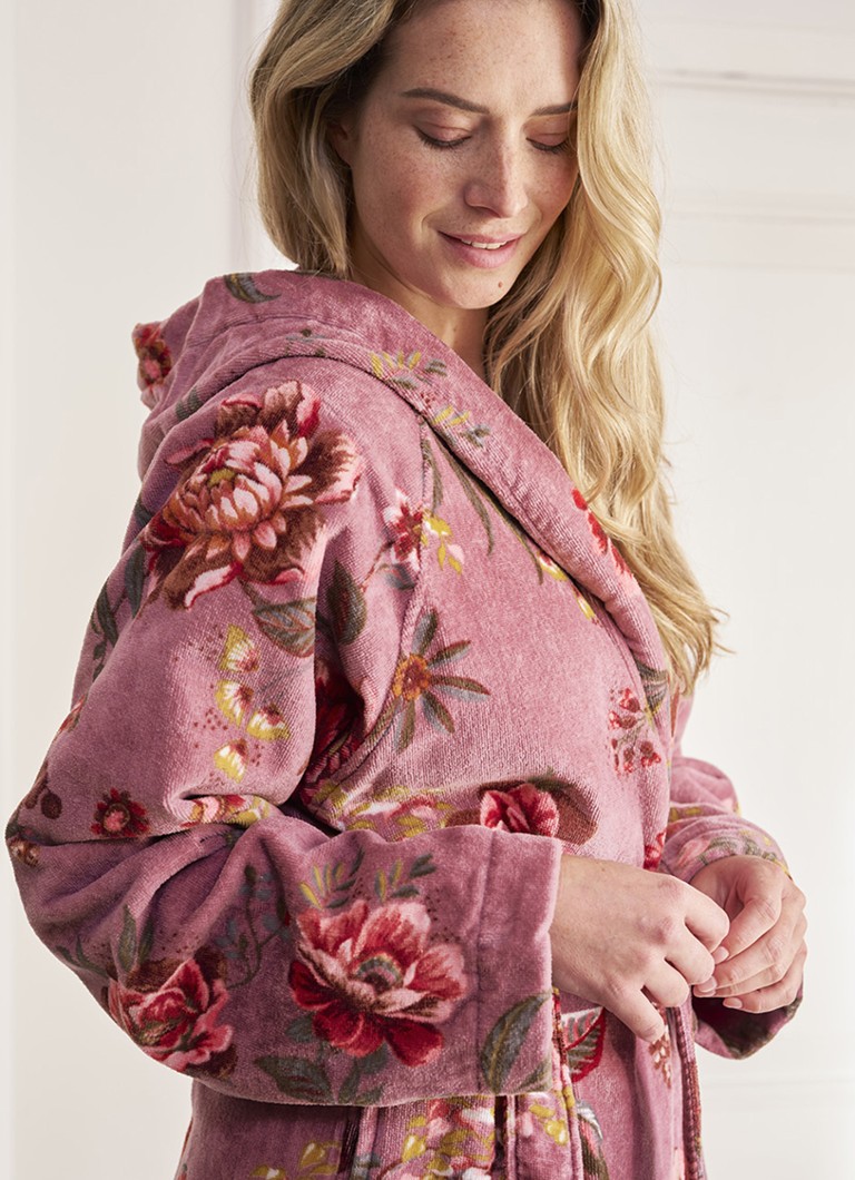 Halat de baie din catifea mov cu imprimeu floral Pip Studio