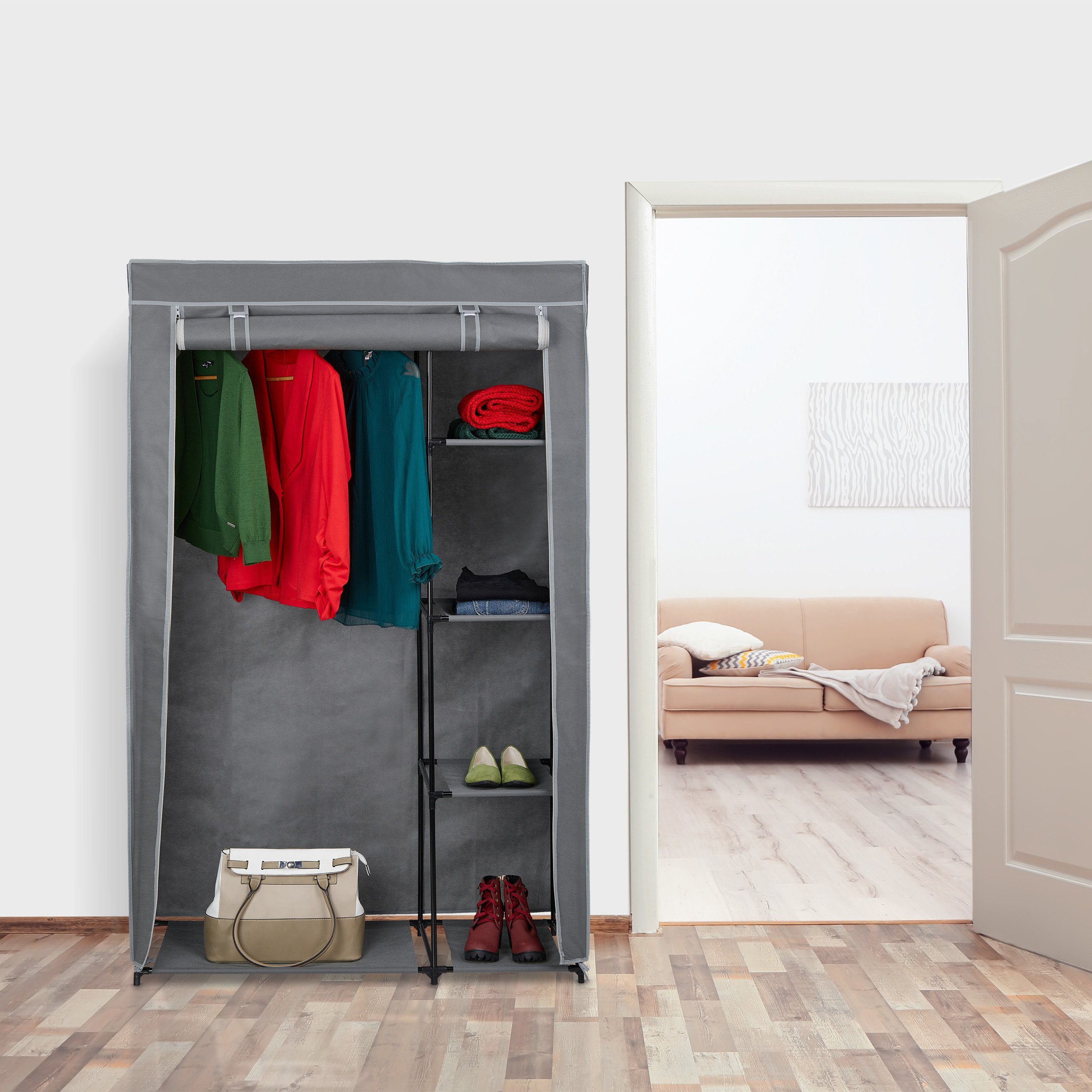 relaxdays Stoffschrank Stoffschrank mit Kleiderstange Anthrazit
