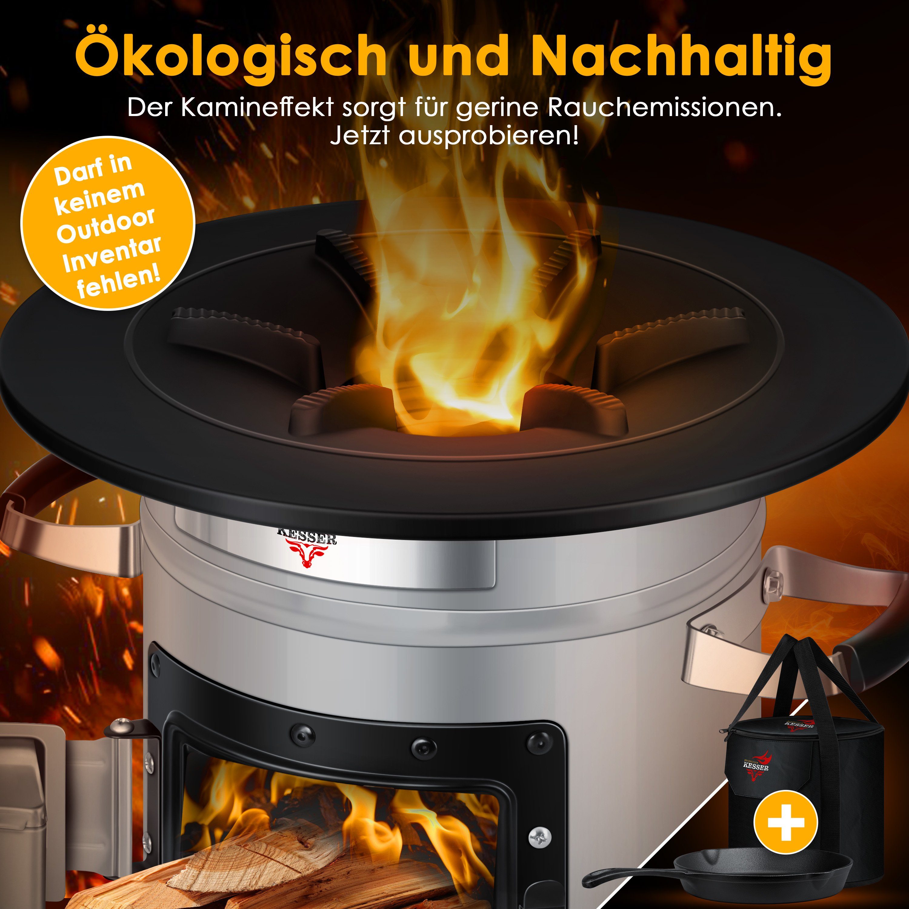 KESSER Feuerstelle, Raketenofen Inkl. Grillpfanne aus Gusseisen mit Tragetasche