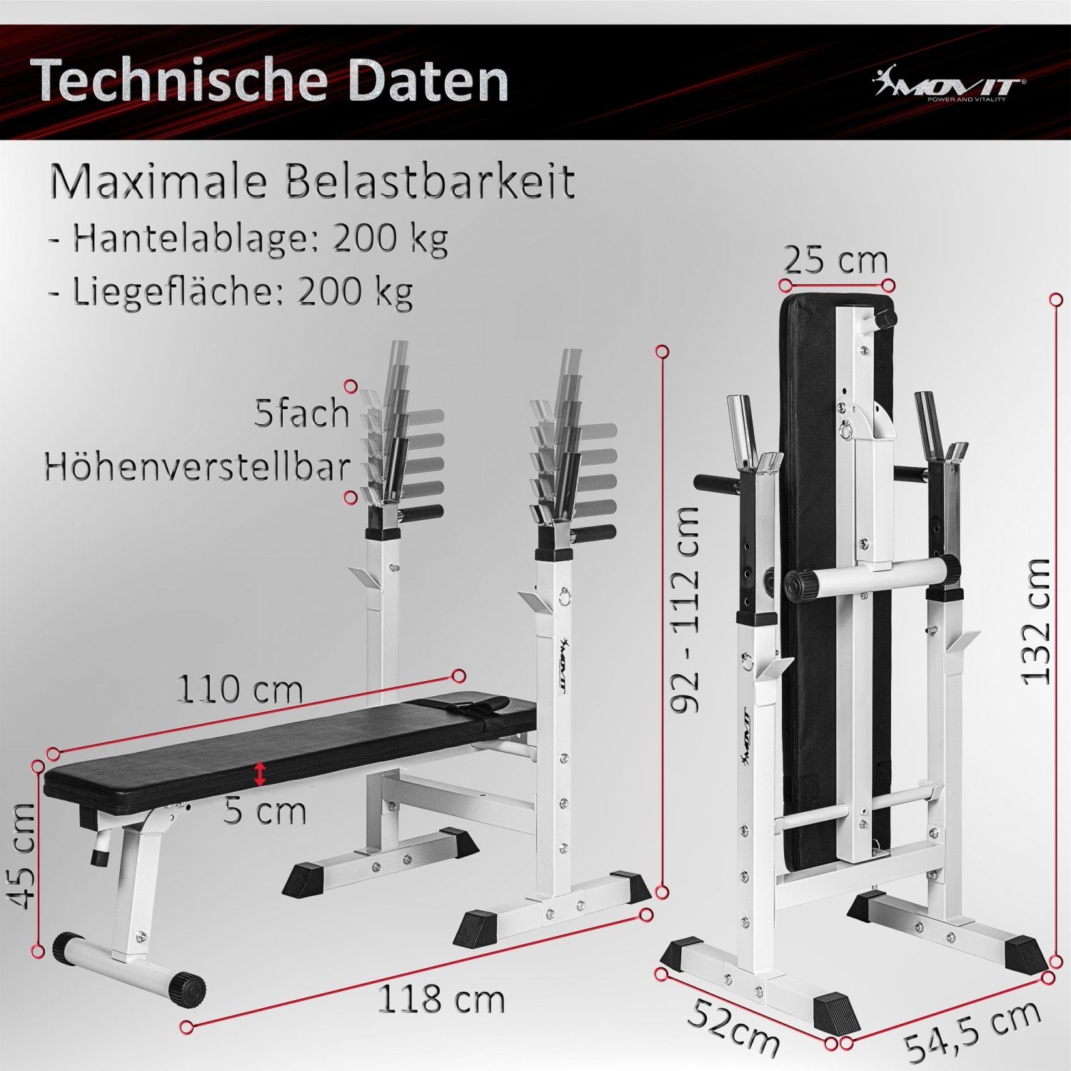 MOVIT Hantelbank Movit® Hantelbank, verstellbare Langhantelablage, (1-tlg), Dip-Station, faltbar, Heim-Trainingsgerät Home-Gym Kraftstation