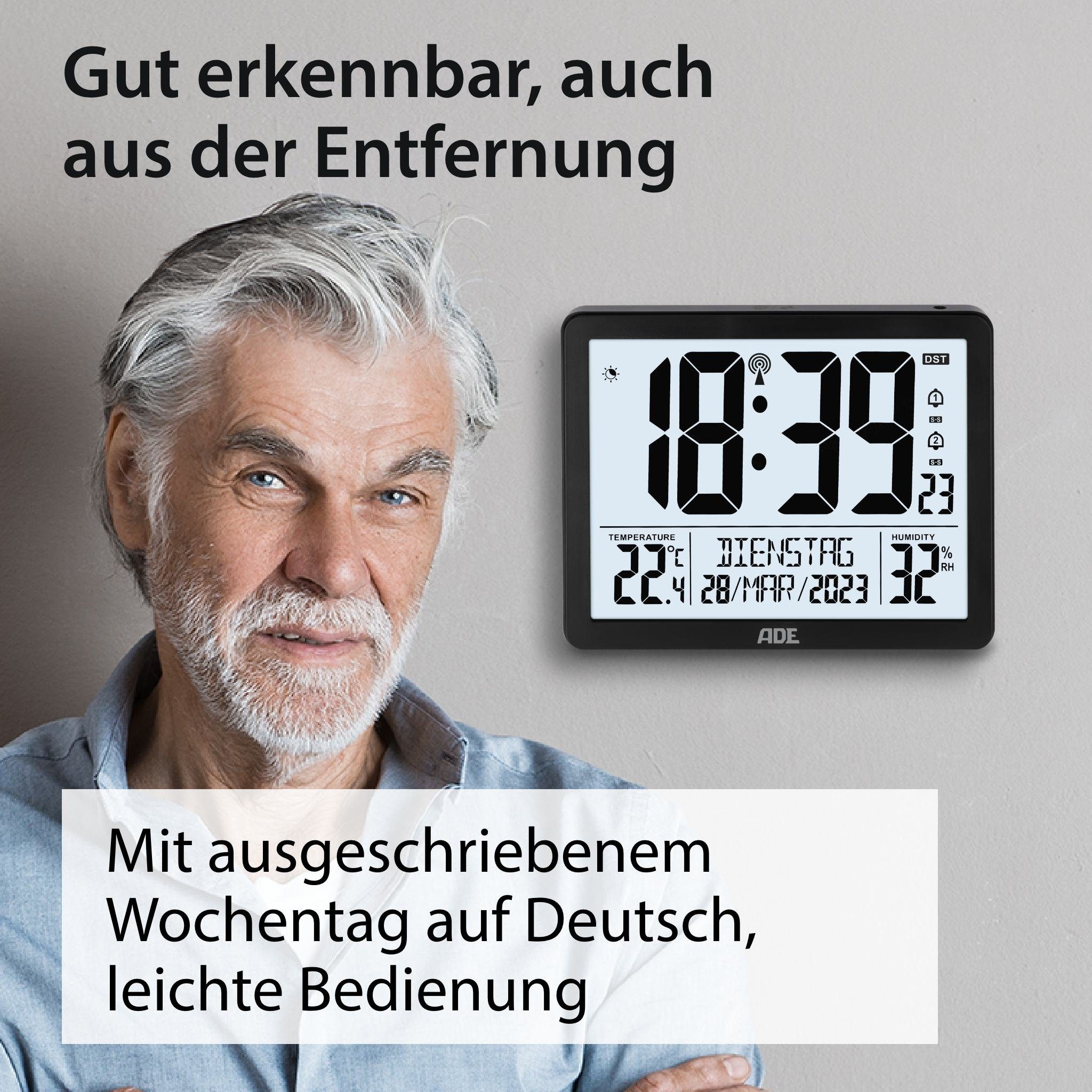 ADE Funktischuhr Digitale Tischuhr Wecker mit Thermometer und Hygrometer 2 Weckzeiten, ausgeschriebener Wochentag, zum Hängen oder Stellen