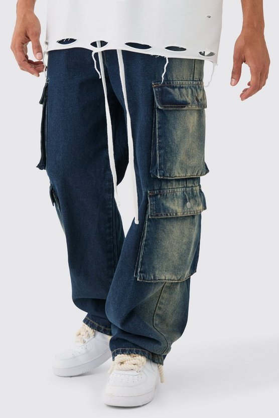 Lockere Cargo-Jeans mit elastischem Bund und Acid-Waschung