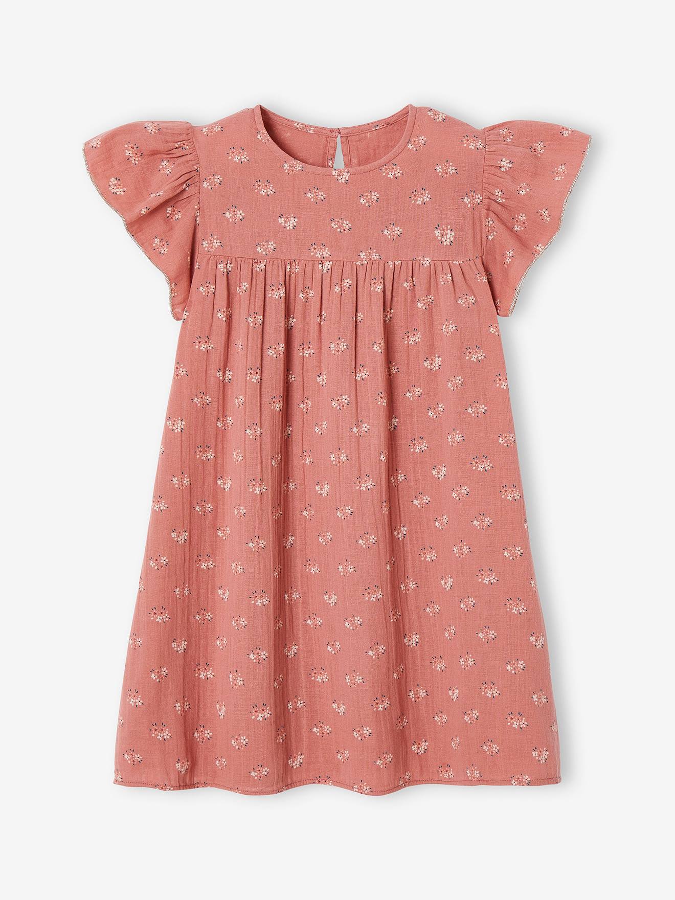 Vertbaudet Mädchen Kleid mit Schmetterlingsärmeln, Musselin - ziegel