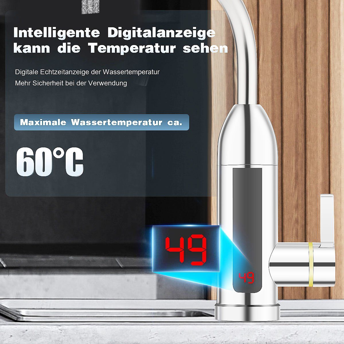 LETGOSPT Klein-Durchlauferhitzer 3000W Elektrischer Wasserhahn, Temperaturanzeige 0-60 ℃ Küchenarmatur, 360° Schwenkbar Wasserhähnen, LED Digitale Edelstahl Küchenarmatur