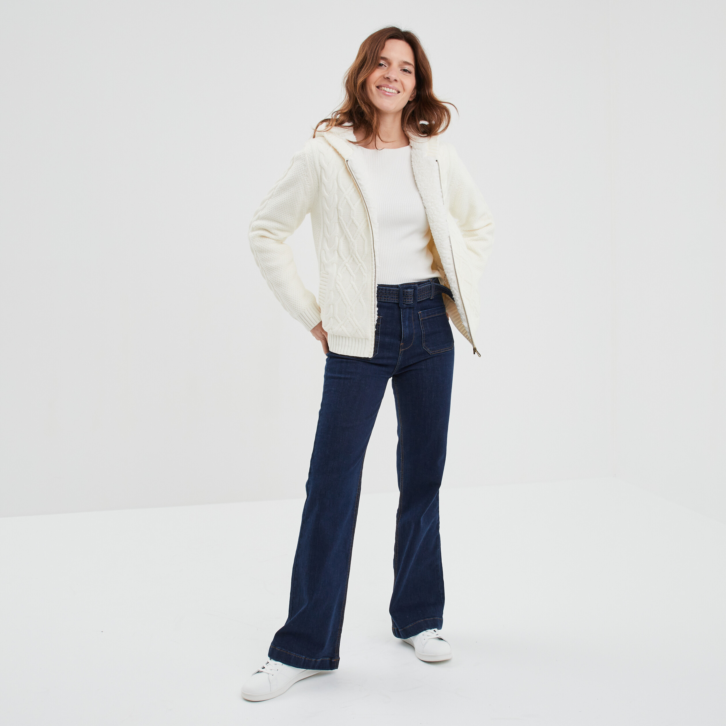 Gilet zippé doublure sherpa à capuche ecru femme | La Halle