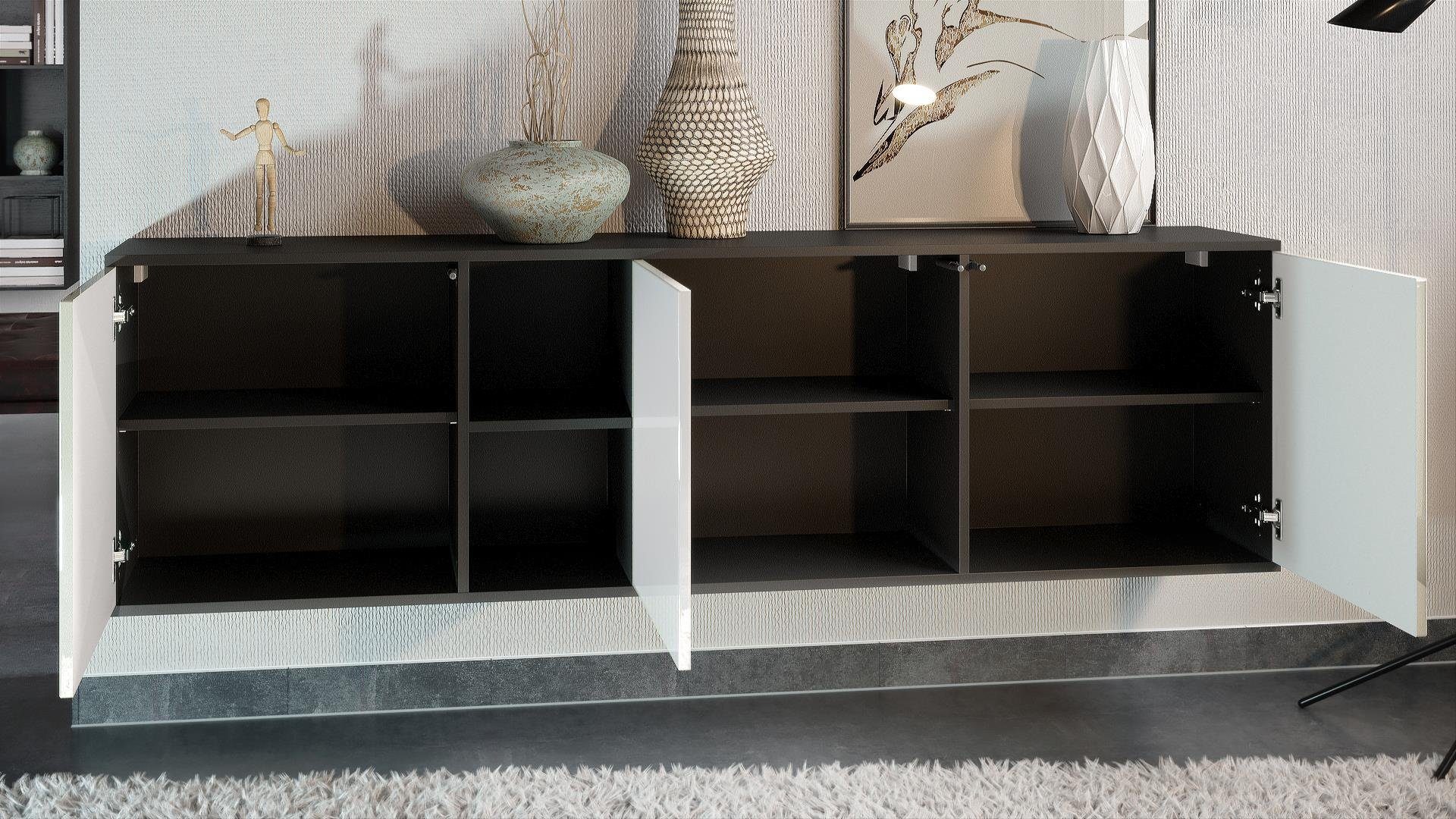 Vladon Sideboard Cuba (Kommode, mit 3 Türen und 2 offene Fächer), Schwarz matt (182 x 53 x 35 cm)