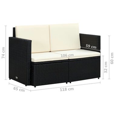 vidaXL Loungesofa 2-Sitzer-Gartensofa mit Auflagen Schwarz Poly Rattan, 1 Teile
