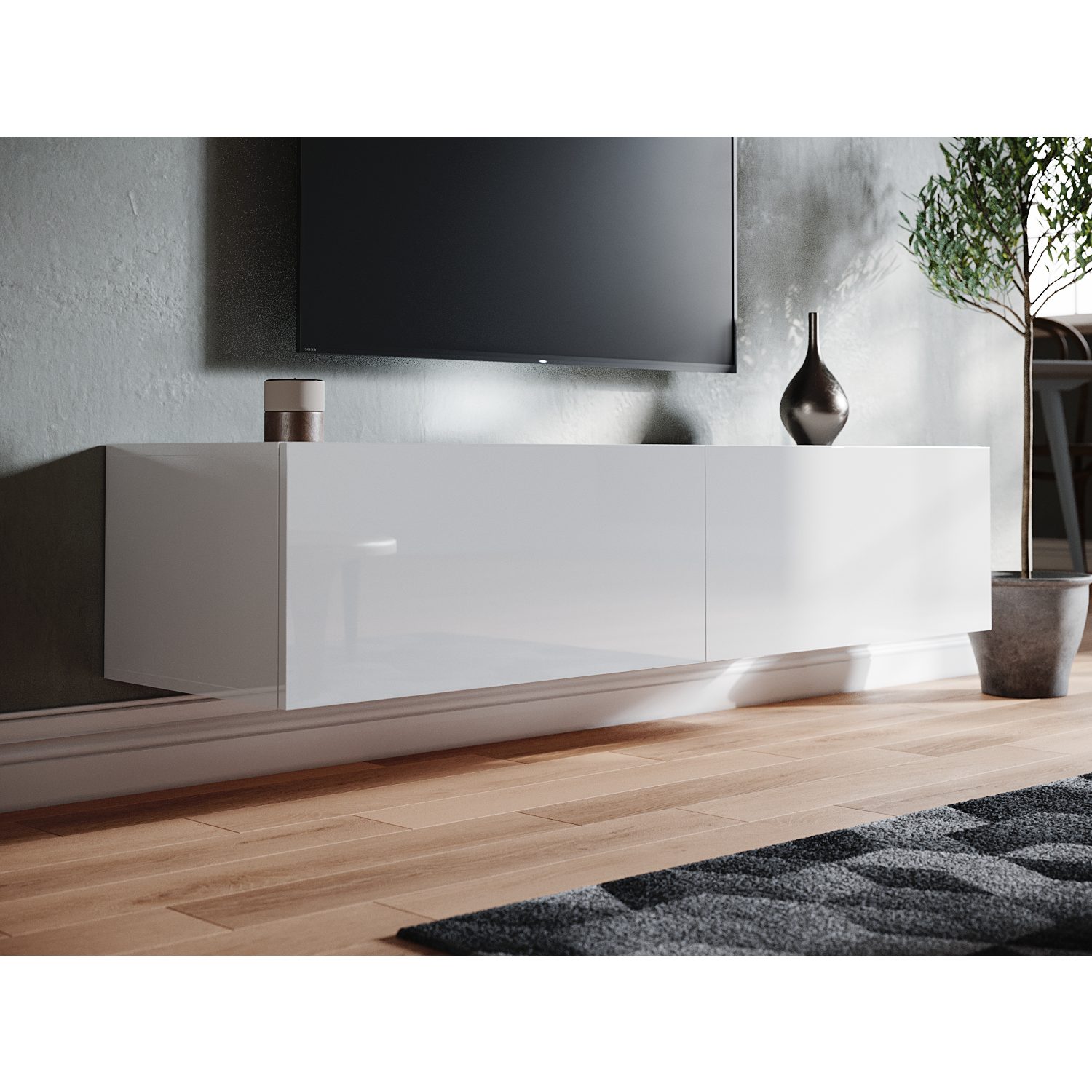 SONNI Lowboard Breite 140cm,TV Board,Hängend,Hochglanz,Weiß,140x40x30cm