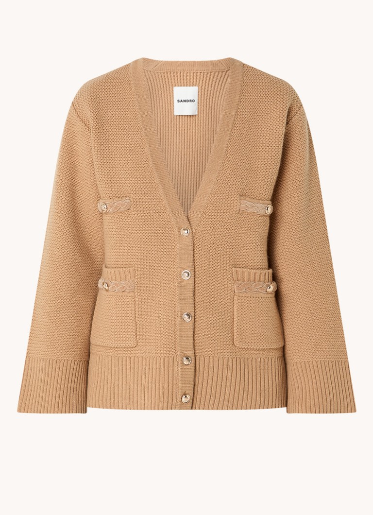 Cardigan gros din lână de la Sandro, cu buzunare aplicate.