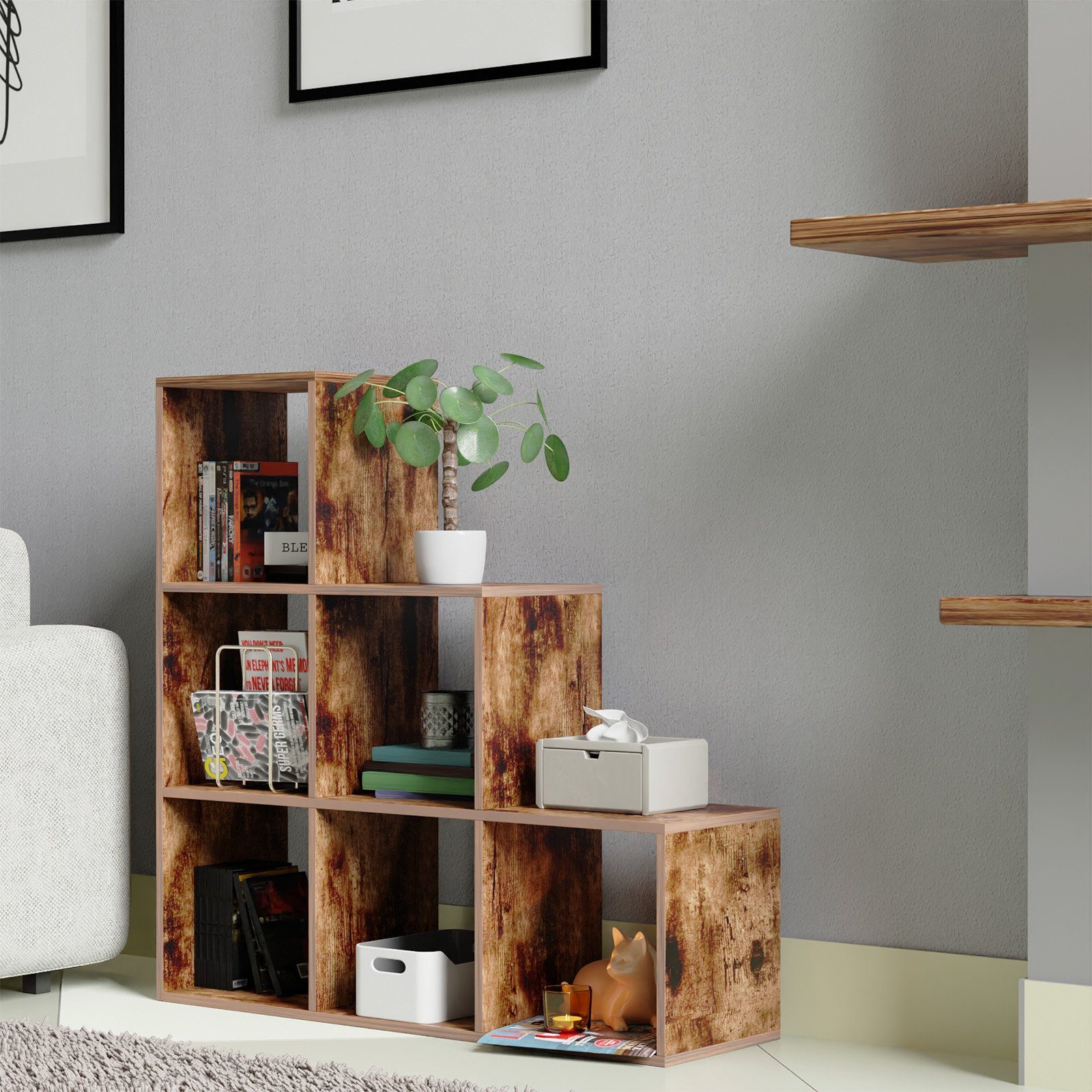 MIADOMODO Raumteiler Treppenregal- Weiß/Braun, 6/10 Fächer, Stabil, Offen, Freistehend, MDF