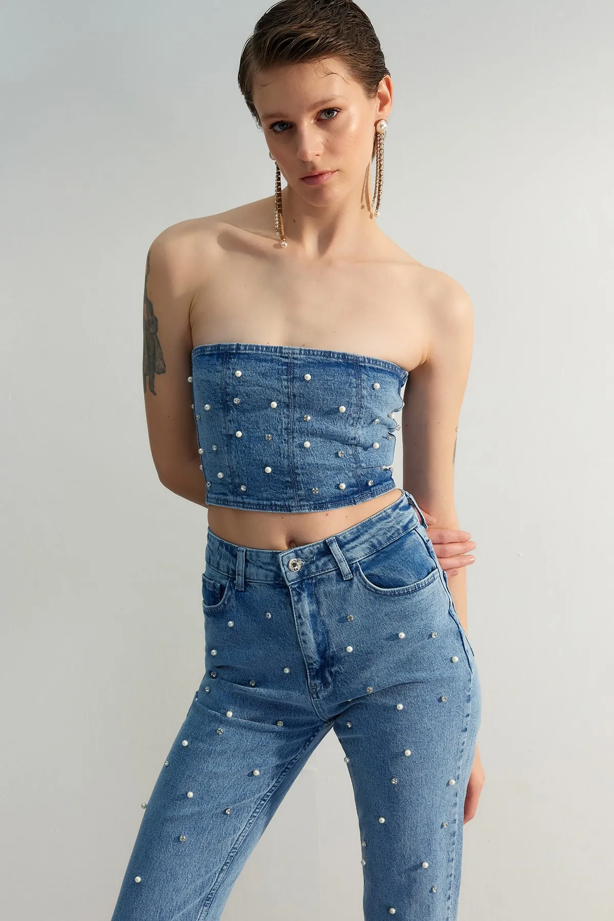 Trendyol Collection  Blue Pearl Denim-Bustier in limitierter Auflage TWOSS23BS00018