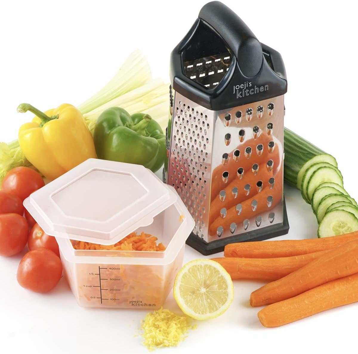 JOEJI’S KITCHEN Gemüsehobel Käsereibe 6seitige Reibe mit Behälter Handreibe Zerkleinerer Edelstahl, Edelstahl, Edelstahl