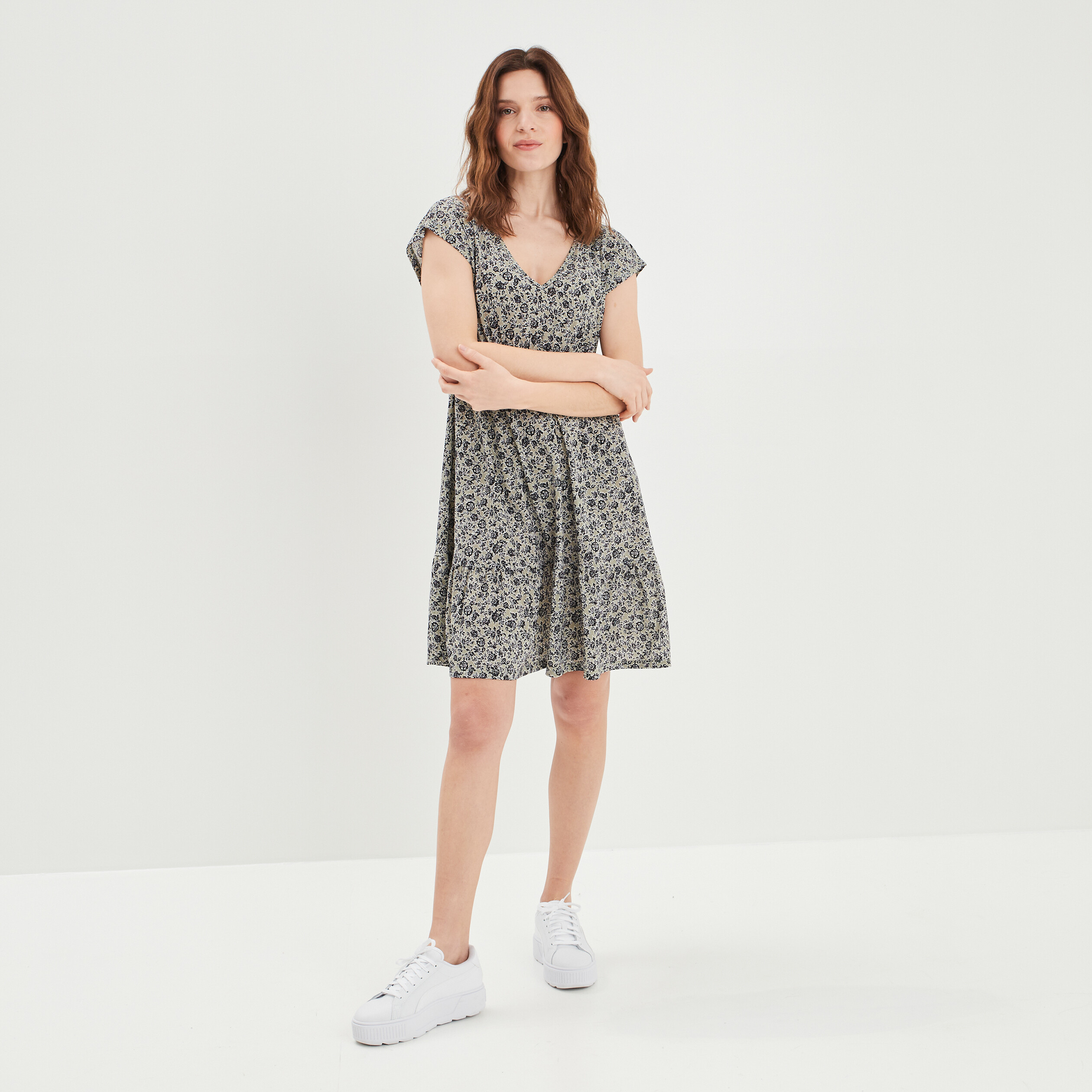 Robe évasée manches courtes vert olive femme | La Halle