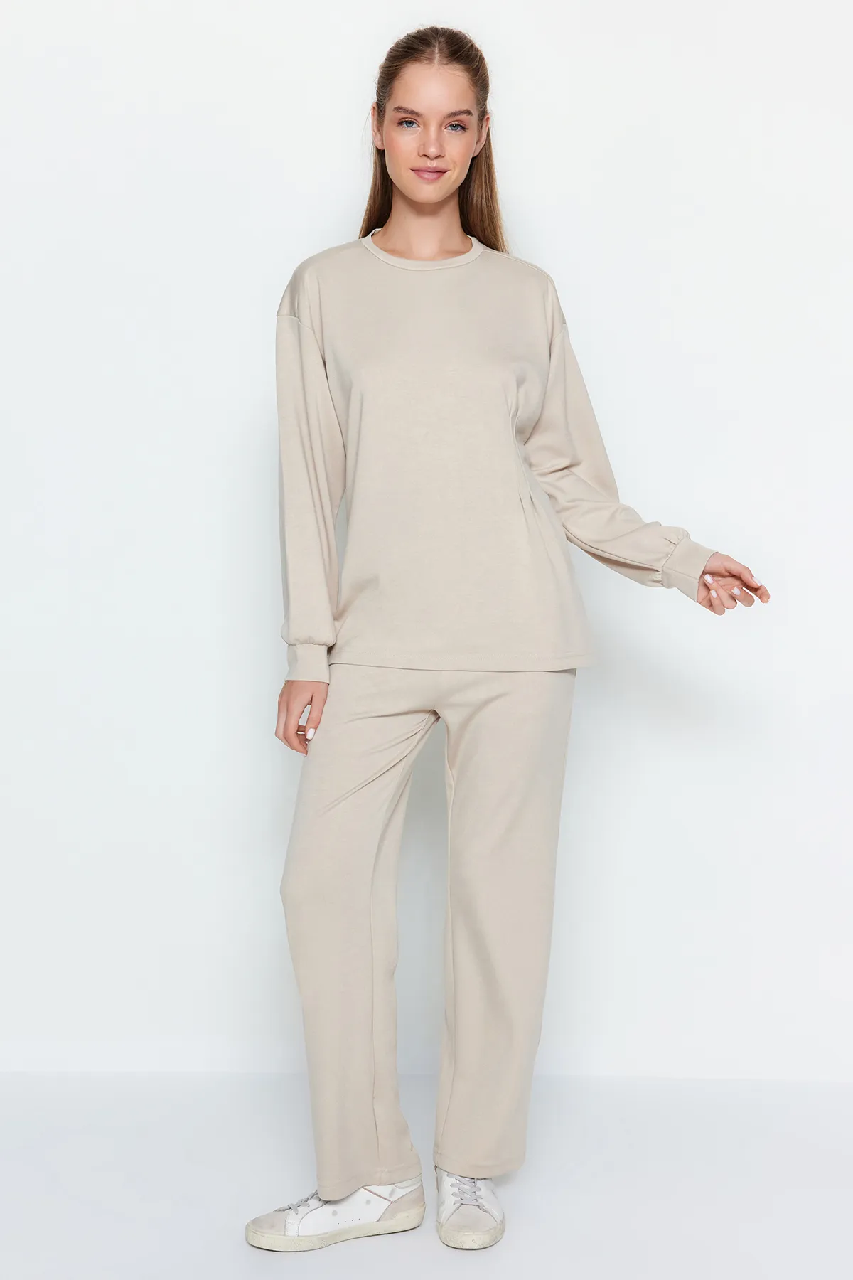Trendyol Modest  Steinfarbenes Set aus Tunika und Hose aus Baumwolle, gestricktes Oberteil und Unterteil TCTAW24US00069