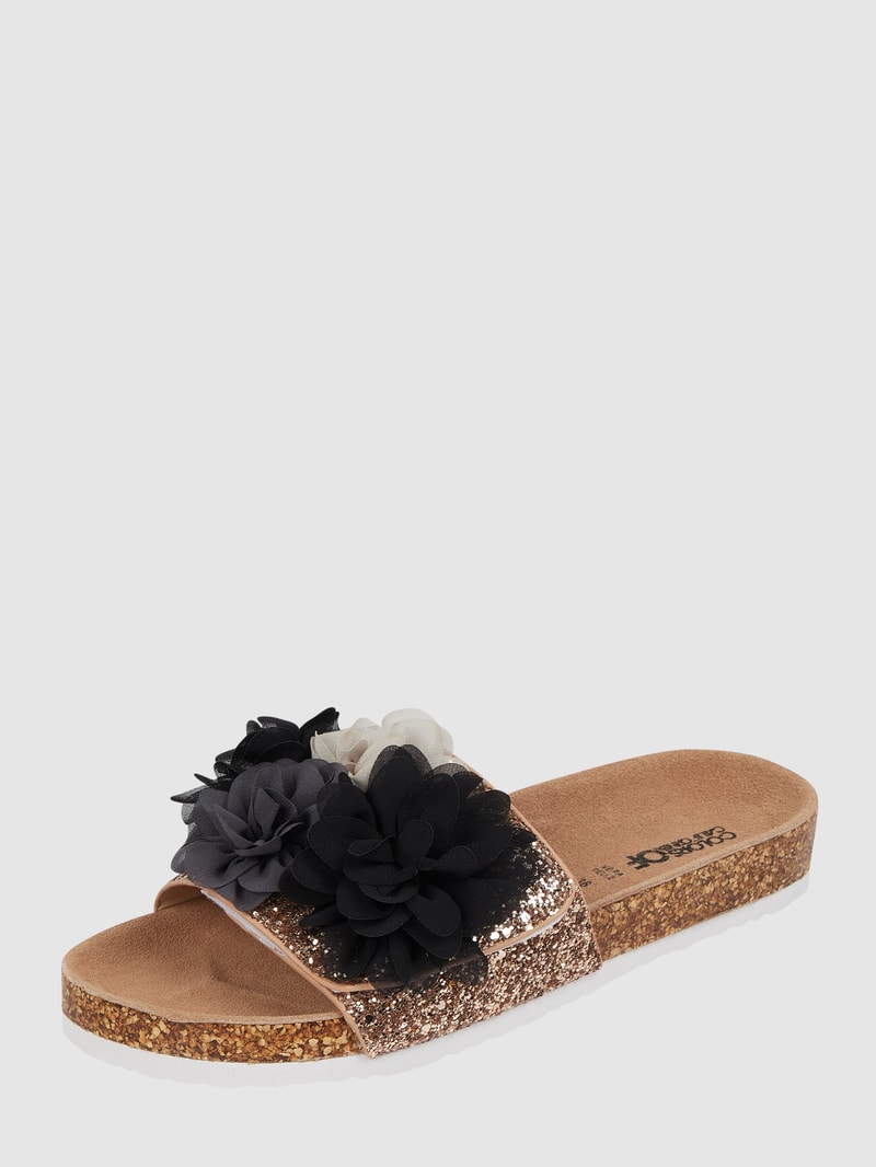 Pantolette mit Blüten-Applikationen in schwarz