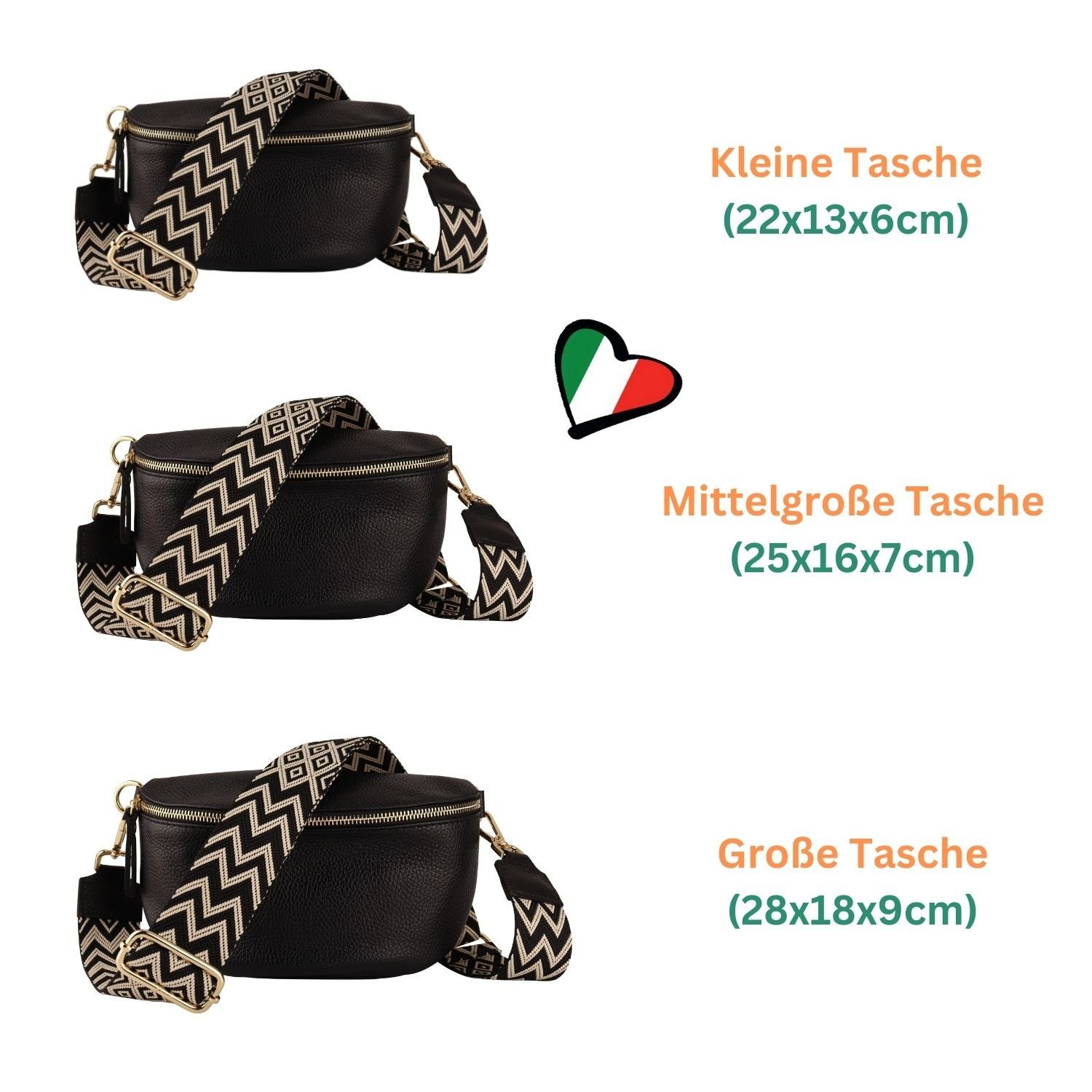 MIRROSI Bauchtasche Damen, Echtleder, Leder, Made in Italy, Umhängetasche, Brusttasche, (Schultertasche für jeden Anlass (1 Tasche & 2 Gurte), 3 Größen auswählbar; Goldene Karabiner), Crossbody Bag, Schwarz, gemusterten& verstellbaren Schulterriemen