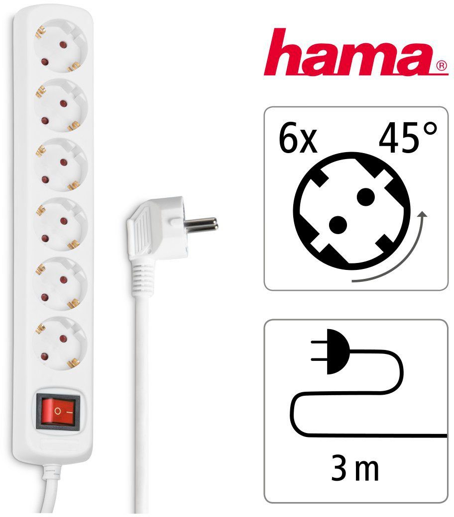Hama Mehrfachsteckdose, 6-fach, Steckerleiste mit Schalter, 3 m Kabel Steckdosenleiste 6-fach (Kabellänge 3 m)