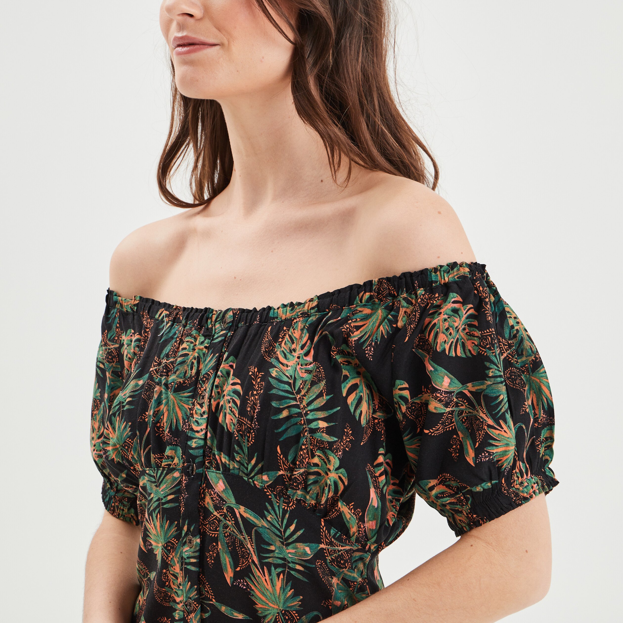 Robe évasée à col bardot noir femme | La Halle