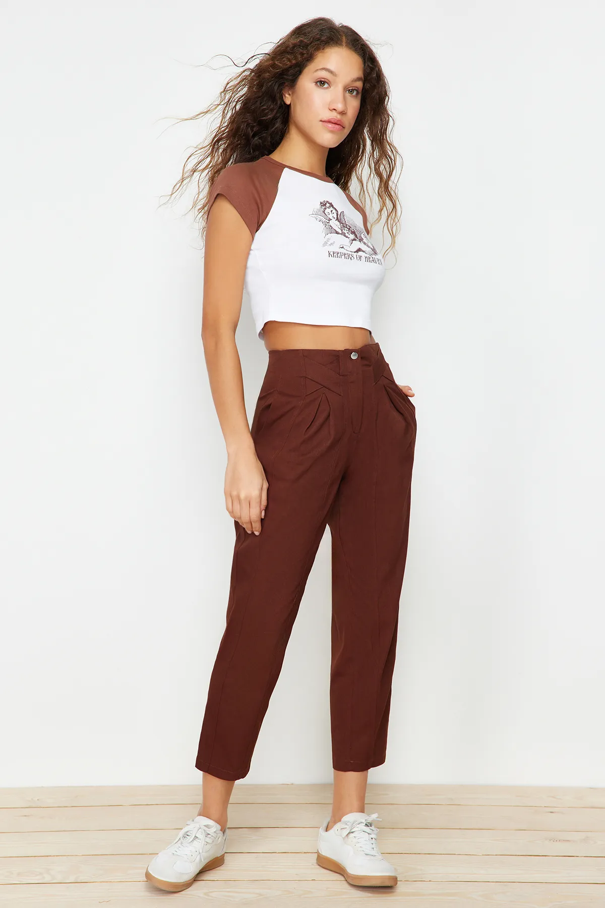 Trendyol Collection  Braune, gewebte Hose mit Karottenmuster und detaillierten Streifen aus Baumwolle TWOAW22PL0342