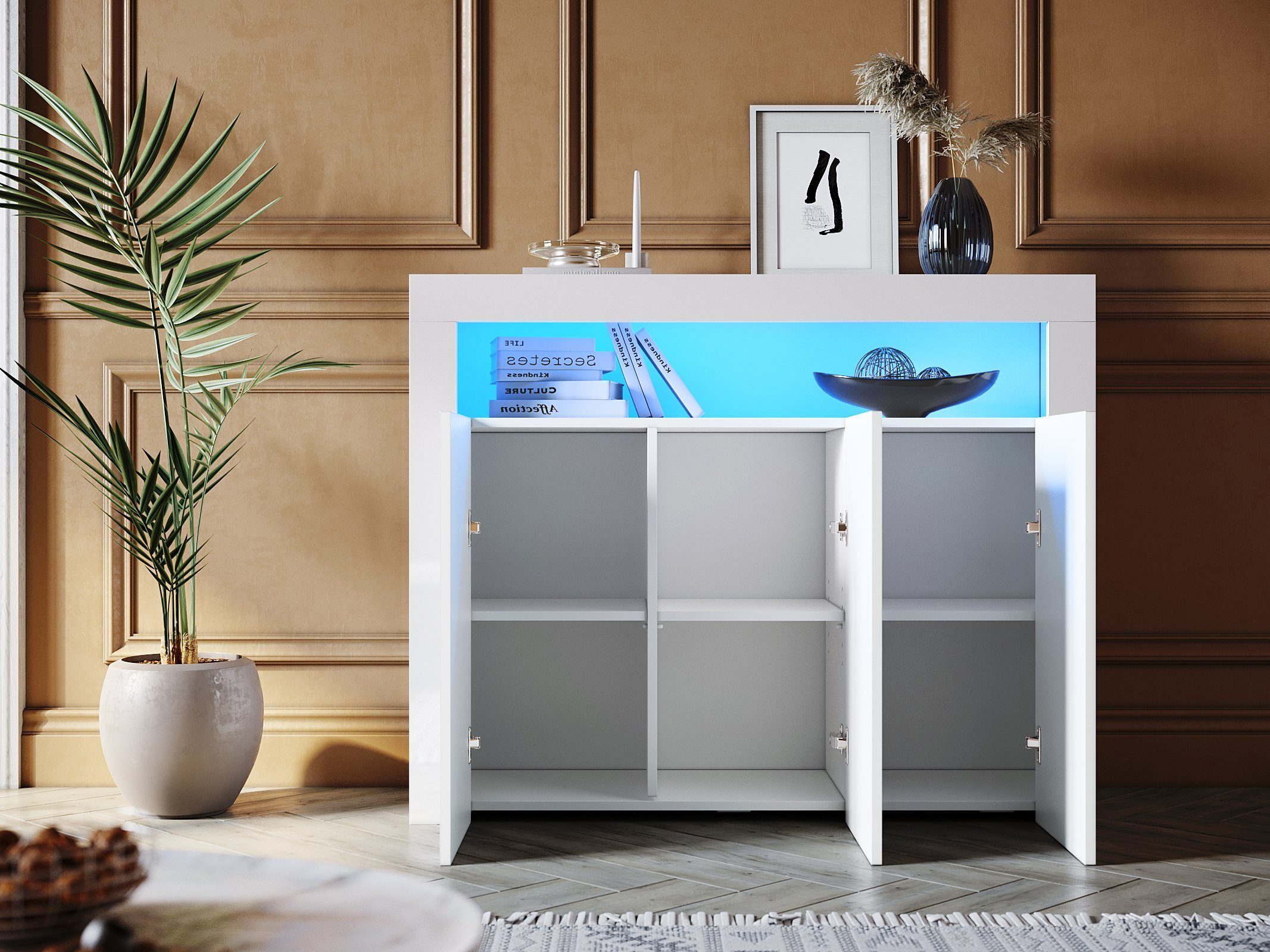 SONNI Kommode Sideboard Weiß Hochglanz mit LED Beleuchtung, Kommodenschrank Sideboard für Küche und Esszimmer, Wohnzimmer
