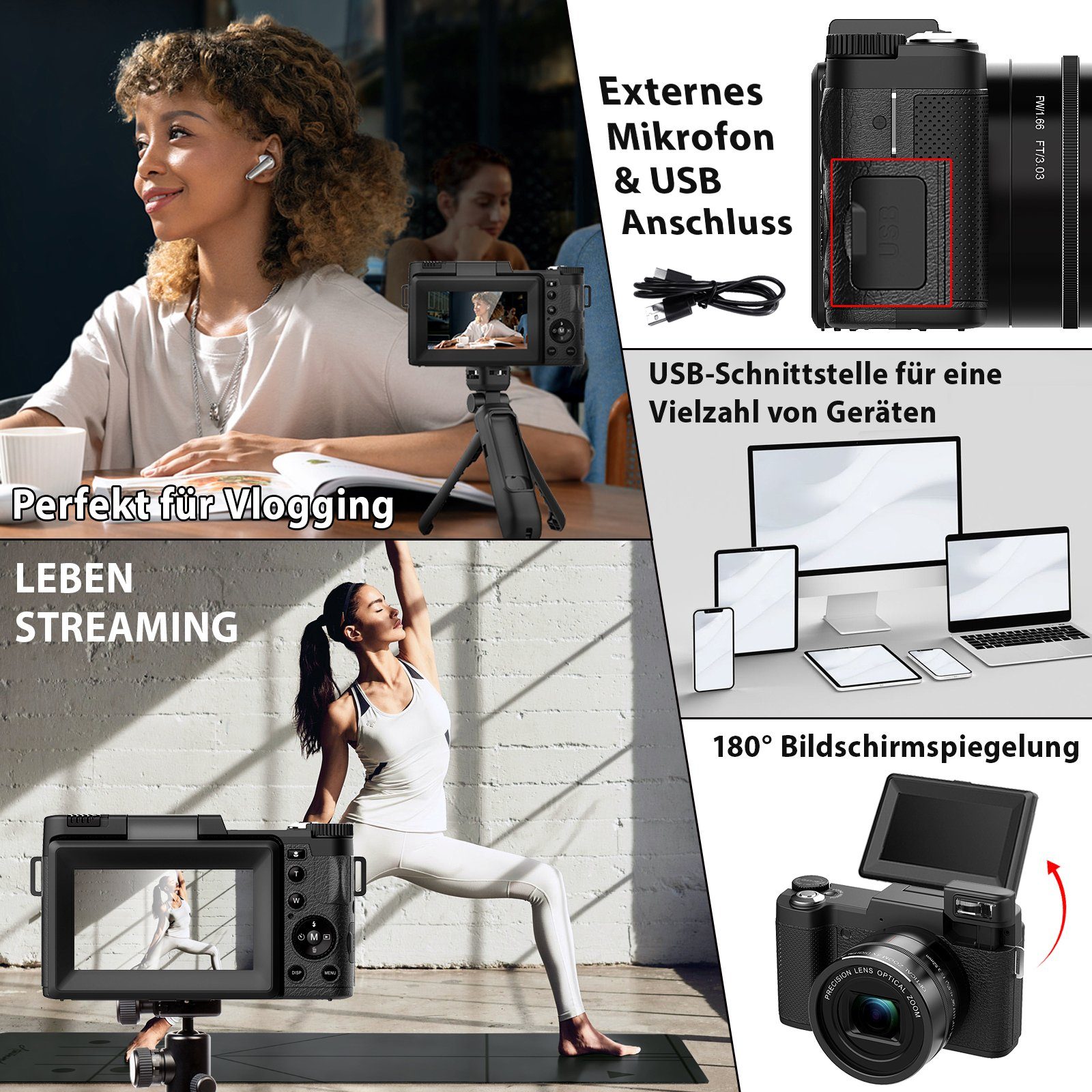OKA Digitalkamera 4K, 48MP Fotokamera mit 3,0 Zoll Bildschirm, Kompaktkamera (5x opt. Zoom, inkl. Weitwinkelobjektiv, 32GB TF-Karte, Autofokus Kompaktkamera, 5X Optischer Zoom und 8X Digitalzoom)