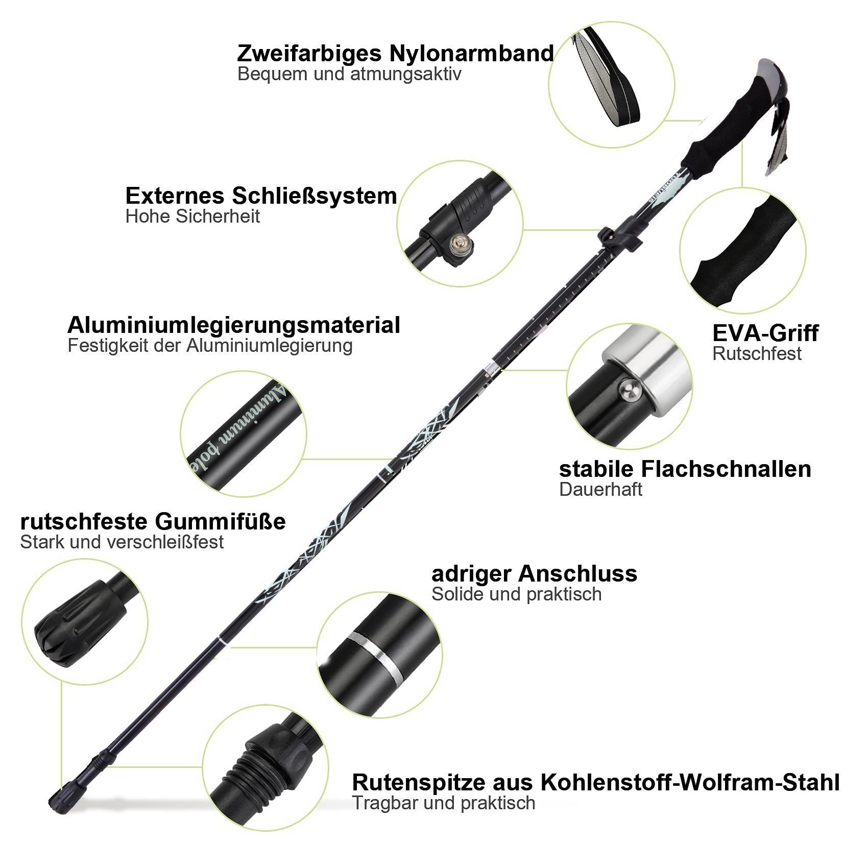 iceagle Wanderstöcke Wanderstöcke für Damen & Herren/einklappbarer dreiteiliger Wanderstock, Faltstock, Teleskopstock, ultraleicht, mit Skiteller & Gummipuffer