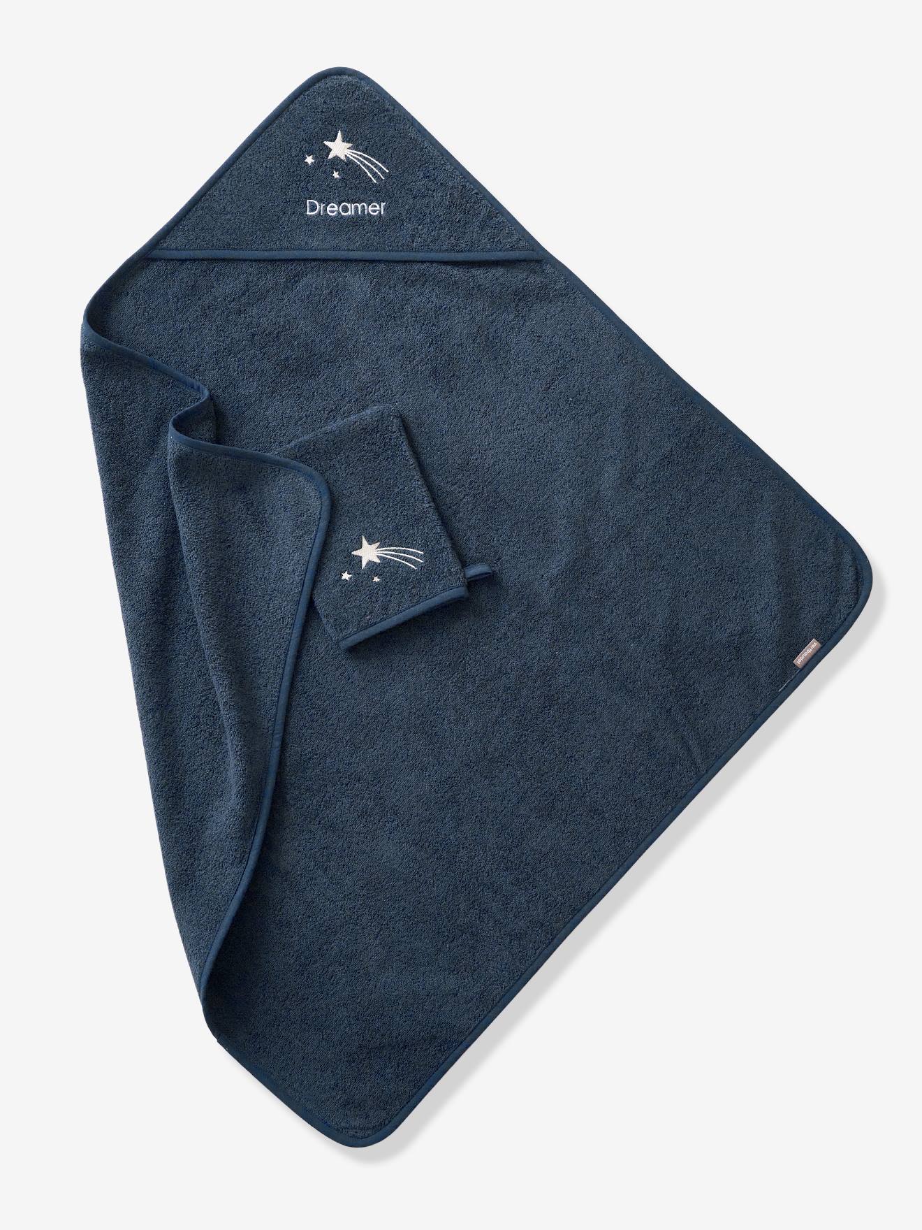 Vertbaudet Baby Kapuzenbadetuch & Waschhandschuh Oeko-Tex, personalisierbar - blau