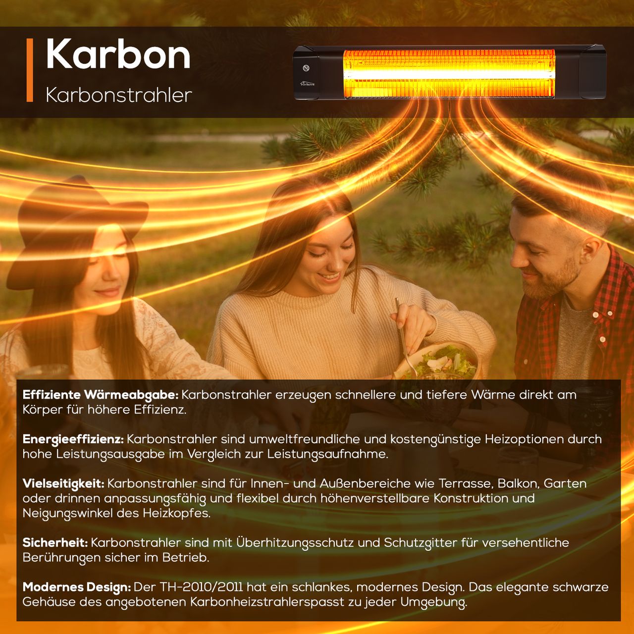 TroniTechnik TroniTechnik® Karbon Heizstrahler 1500W (3000W Leistung), 3 Stufen, Wärmelampe, 60 Grad neigbar