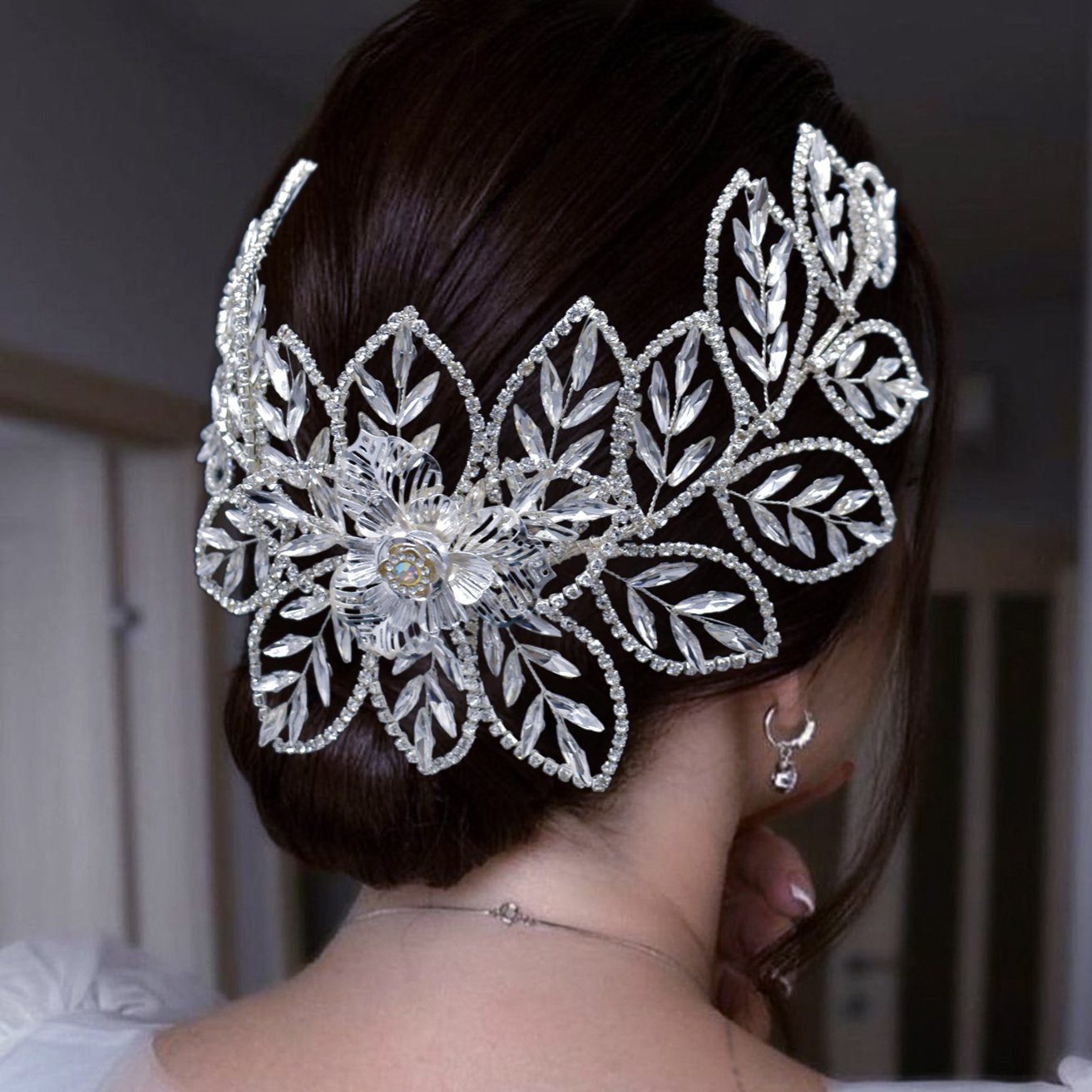 HOHEA H Haarband Silberner Haarschmuck, Blumenhaarnadeln, Kristallkrone, 1-tlg., Silberne Haaraccessoires sind elegante Haaraccessoires für Frauen, Kristall-Stirnband, Hochzeits-Haarschmuck, Braut-Haarschmuck